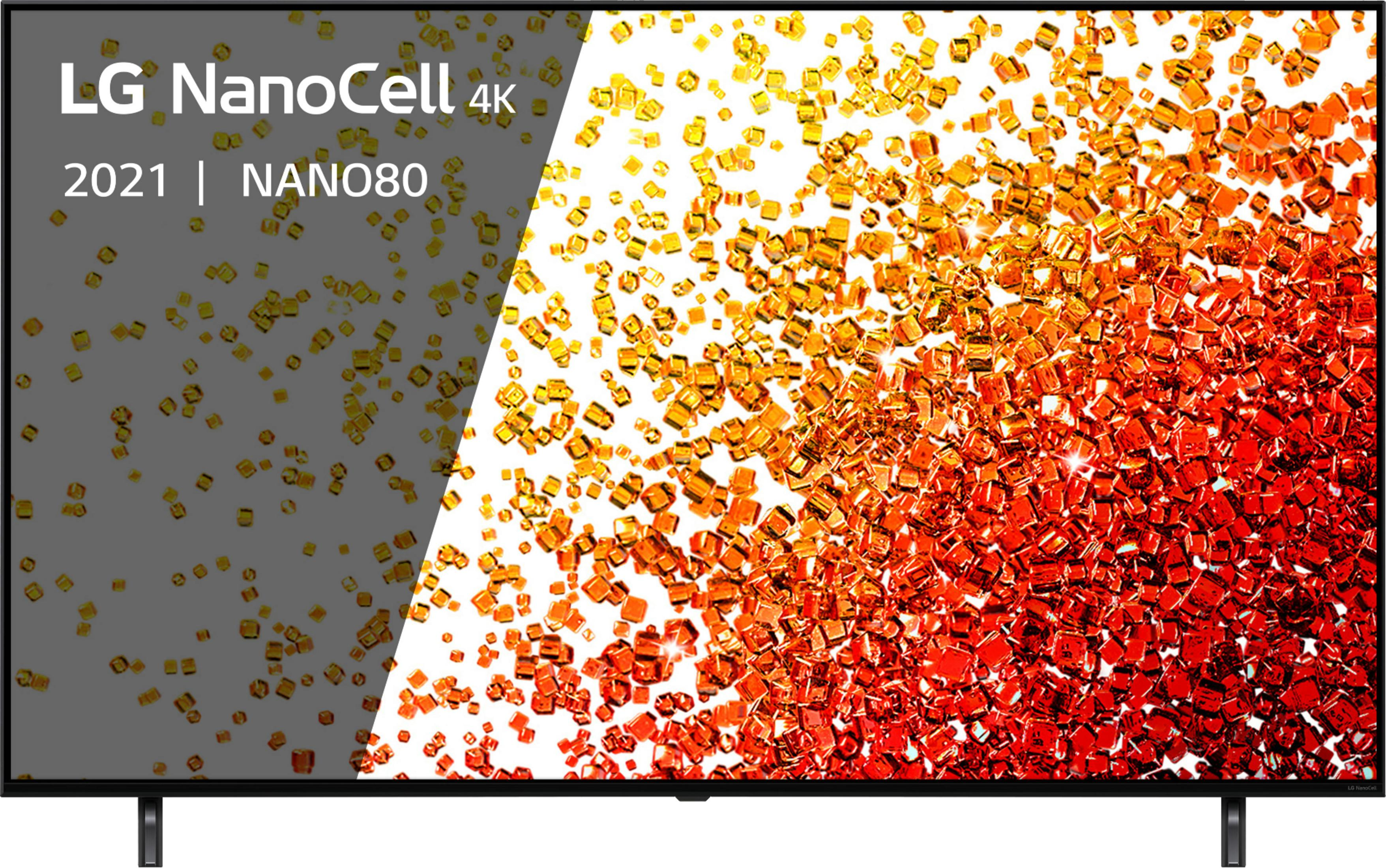 Televisor LG NanoCell 4K con cubos rojos y amarillos en pantalla.