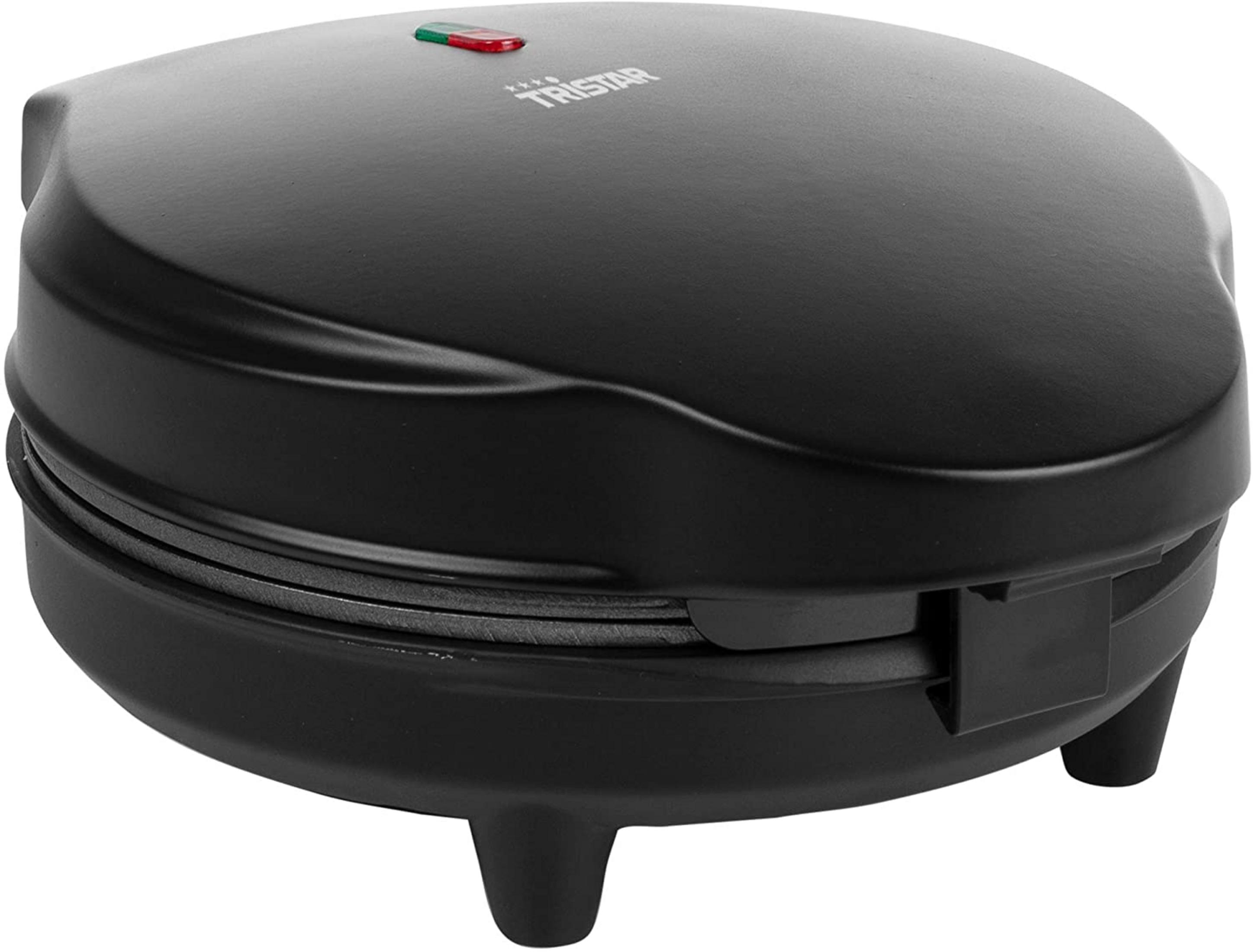 Macchina per waffle nera con logo Tristar e spia LED rossa/verde.