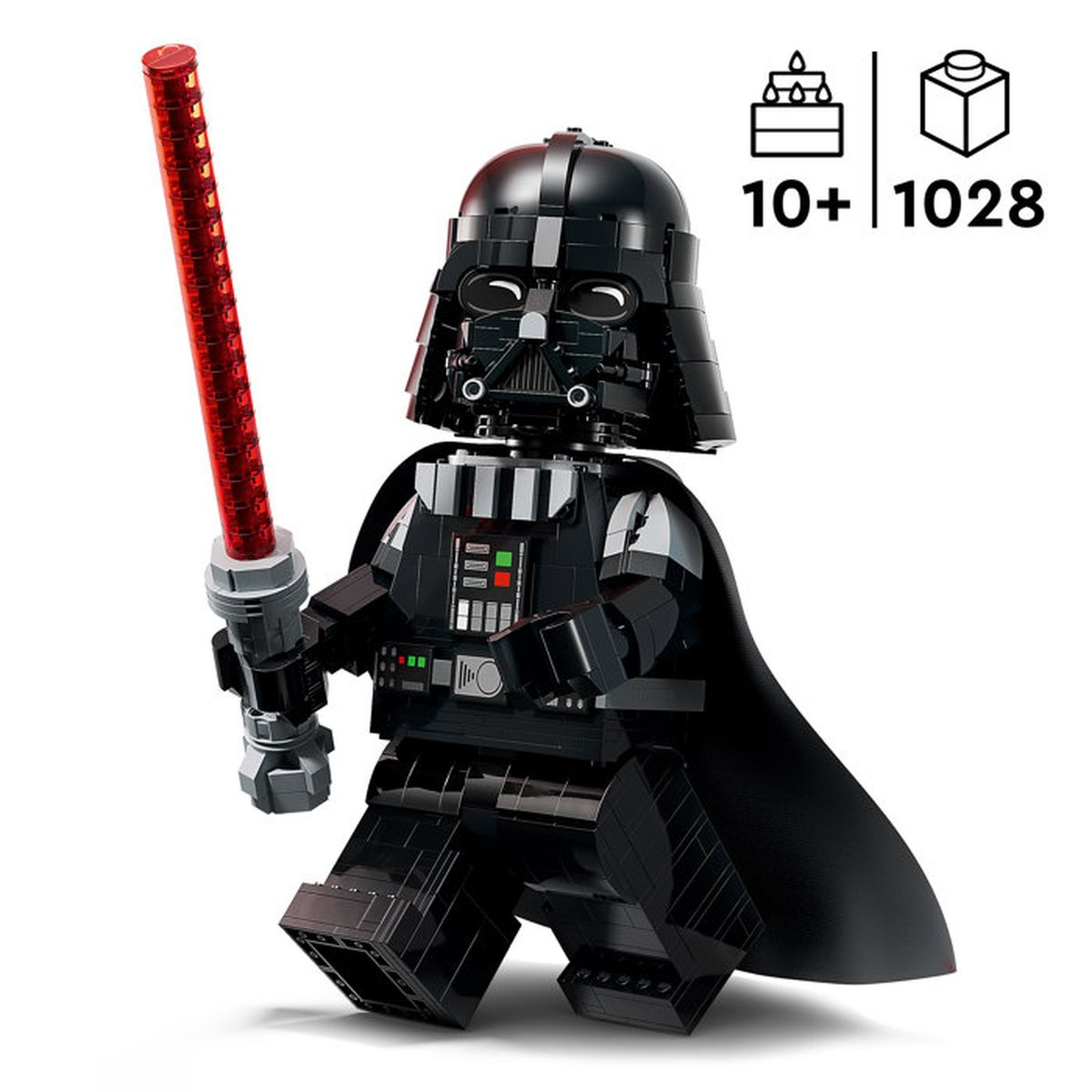 Kırmızı ışın kılıçlı Lego Darth Vader ve bilgi simgeleri: 10+ ve 1028 parça.
