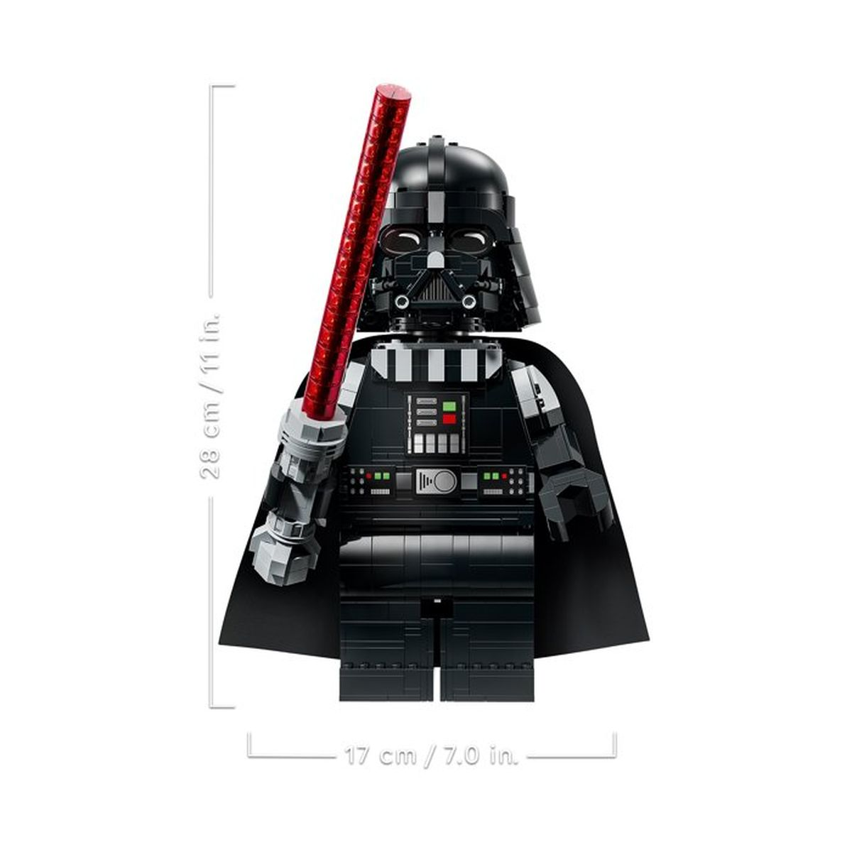 Kırmızı ışın kılıcı tutan Darth Vader Lego figürü, 28 cm boyunda.