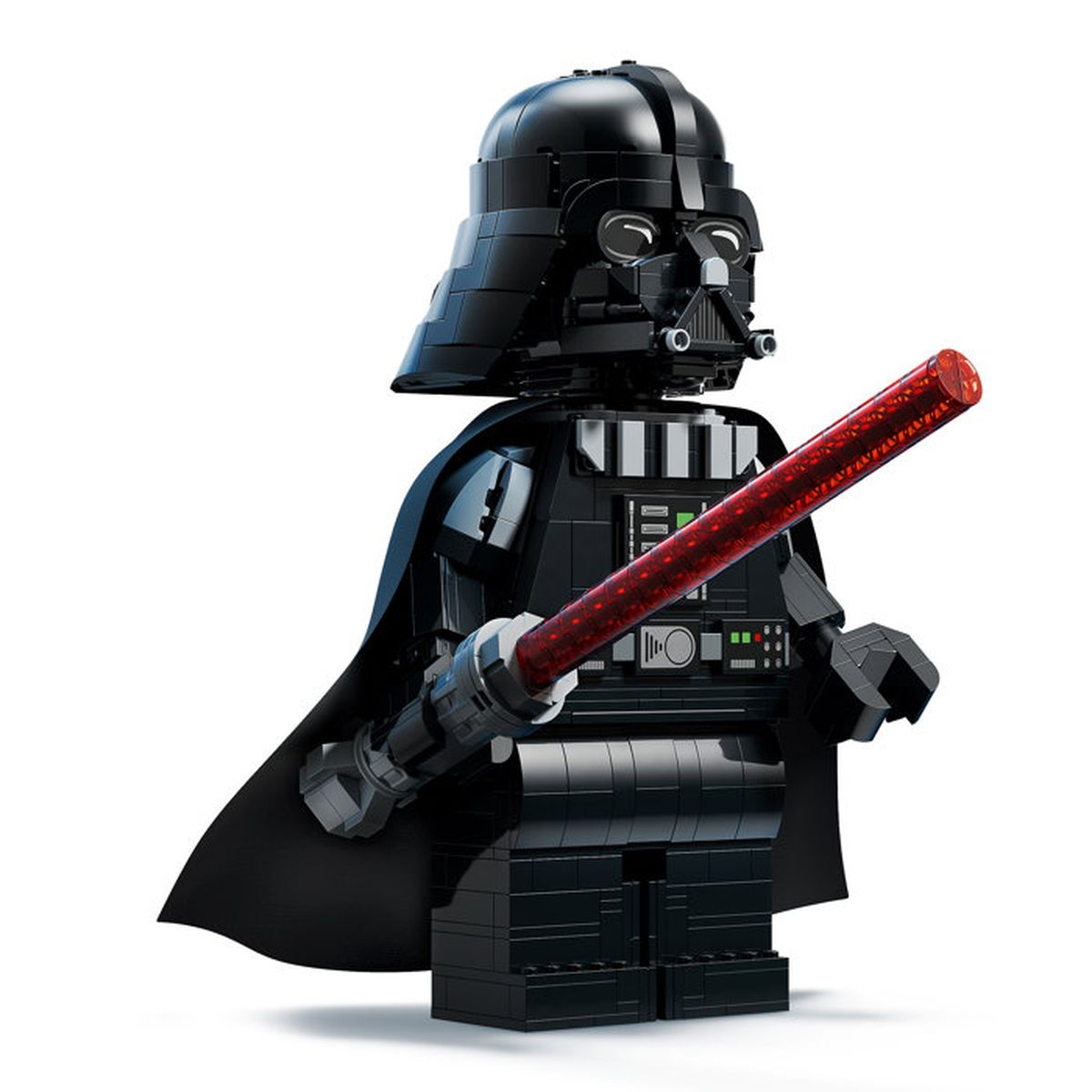 Kırmızı ışın kılıcı ve siyah pelerinli Darth Vader Lego figürü, izole edilmiş.