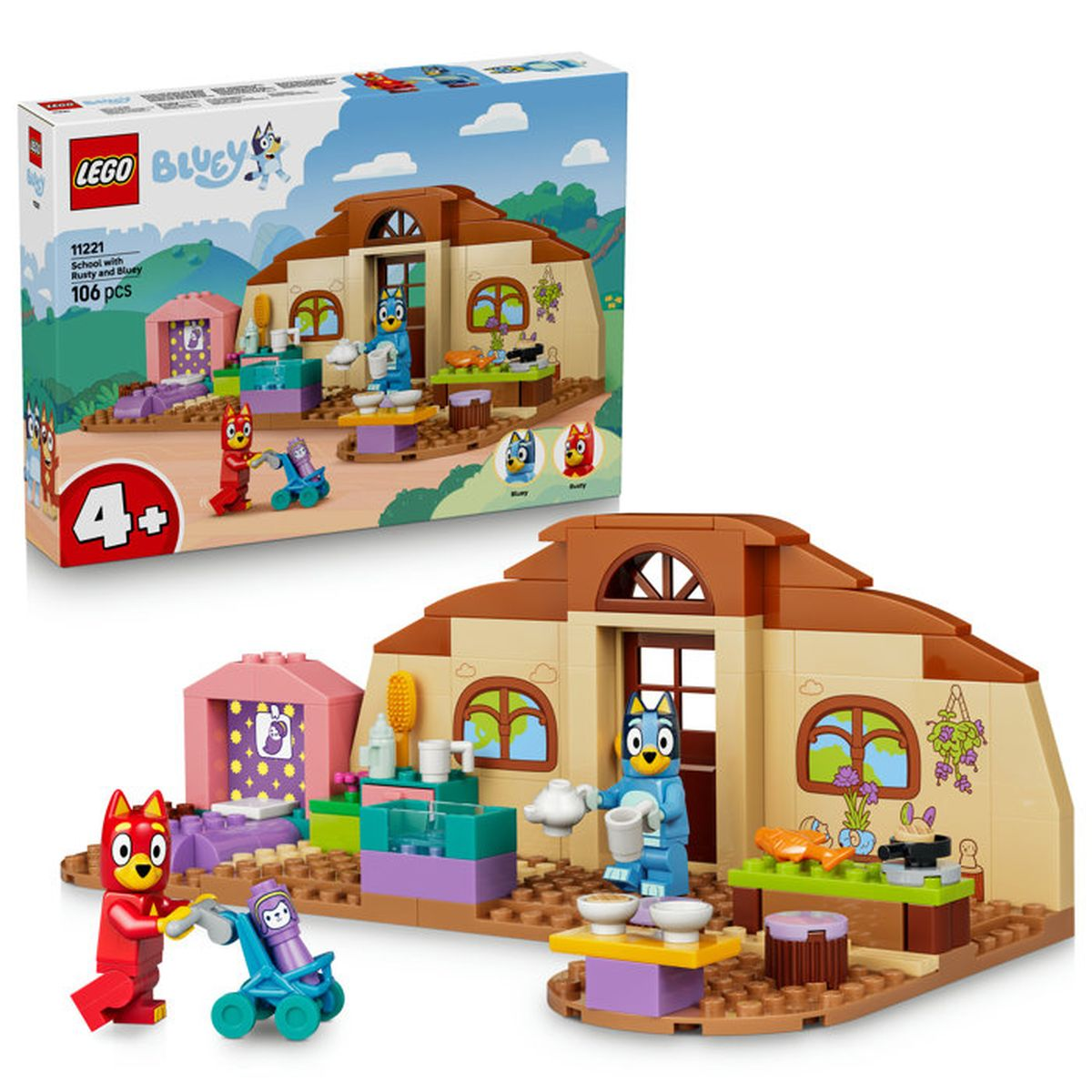 Set scolastico Lego Bluey con figure di Bluey e Rusty, un edificio e accessori.
