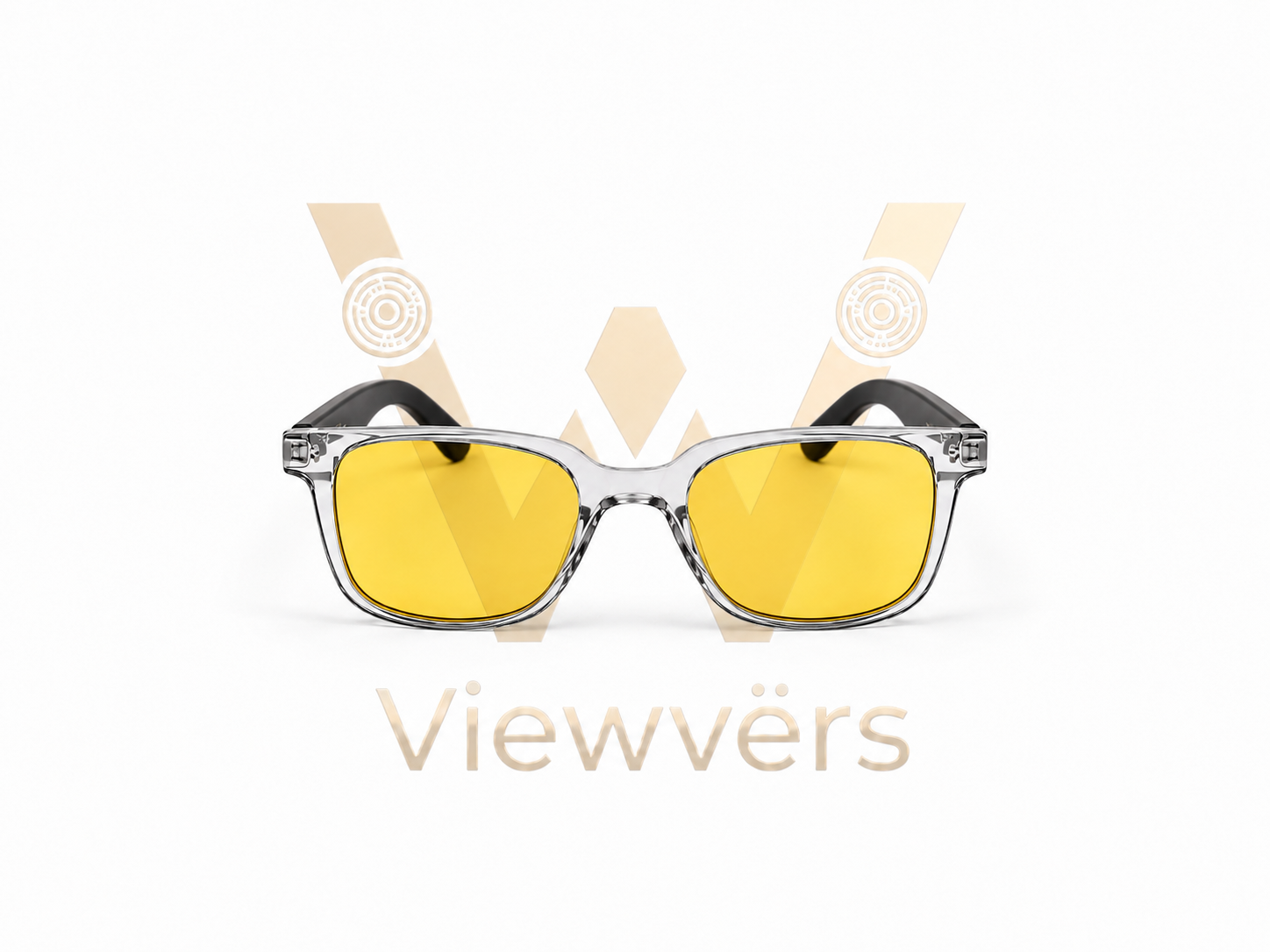 Gafas de sol de montura transparente con lentes amarillas.