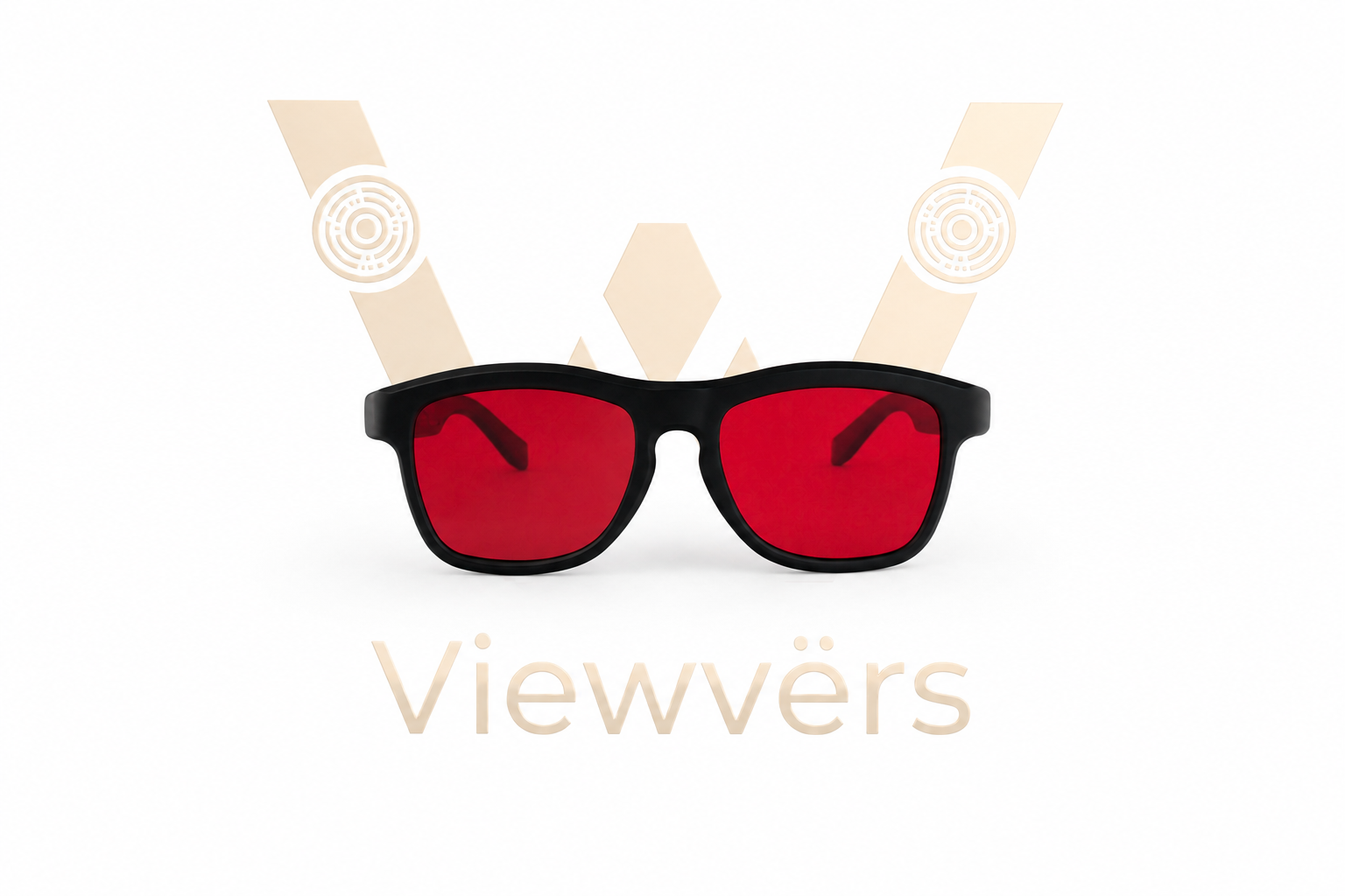Gafas negras con lentes rojas y un logo dorado al fondo.