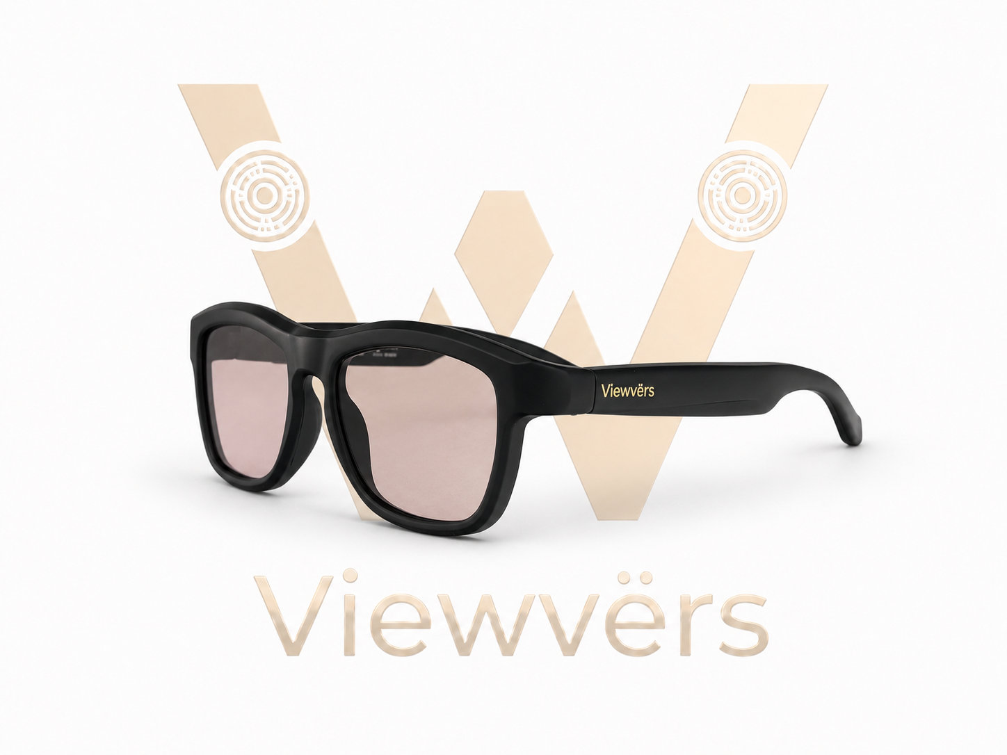 Gafas negras con lentes rosas delante de un logo W estilizado.
