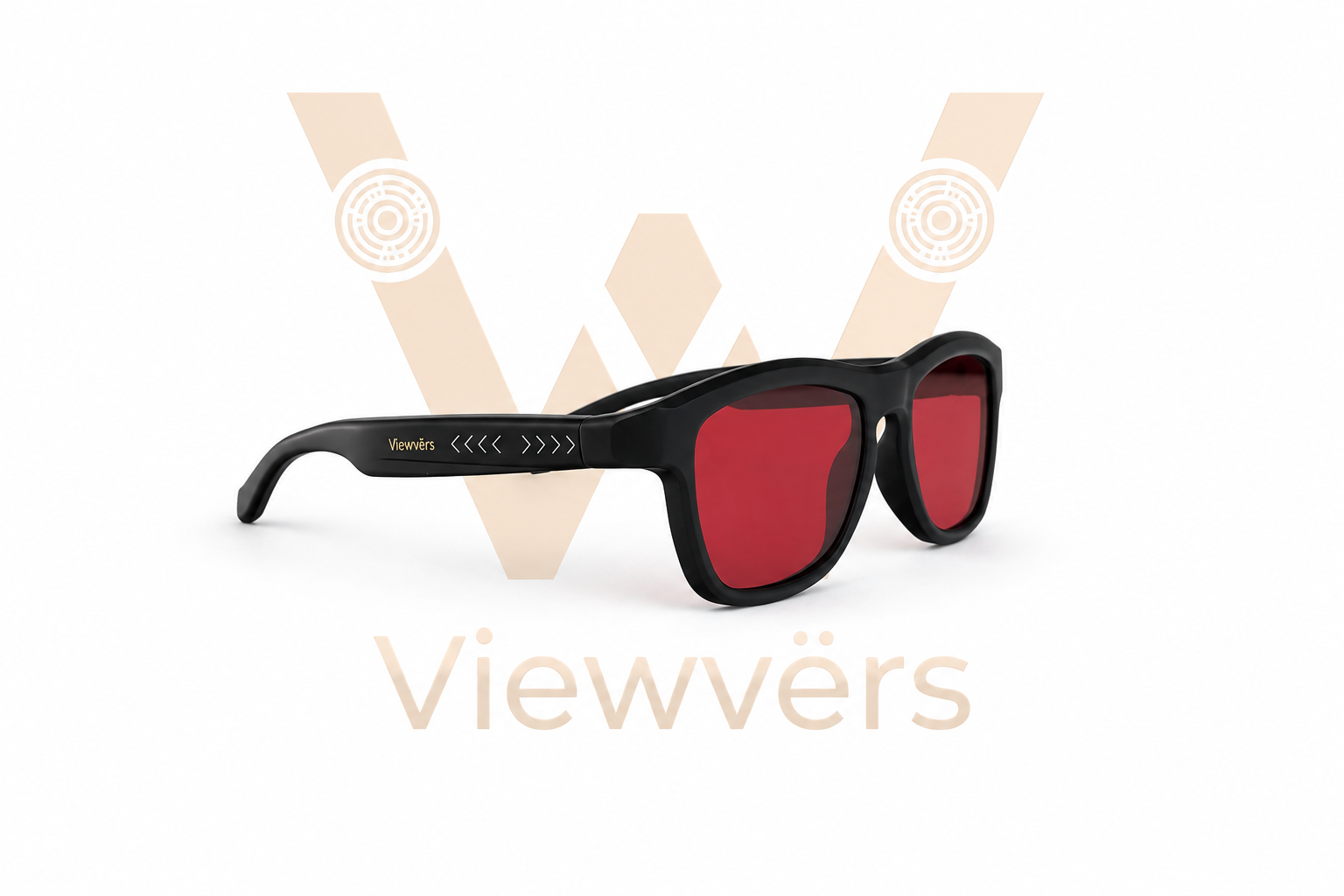 Gafas negras con lentes rojas sobre fondo blanco.