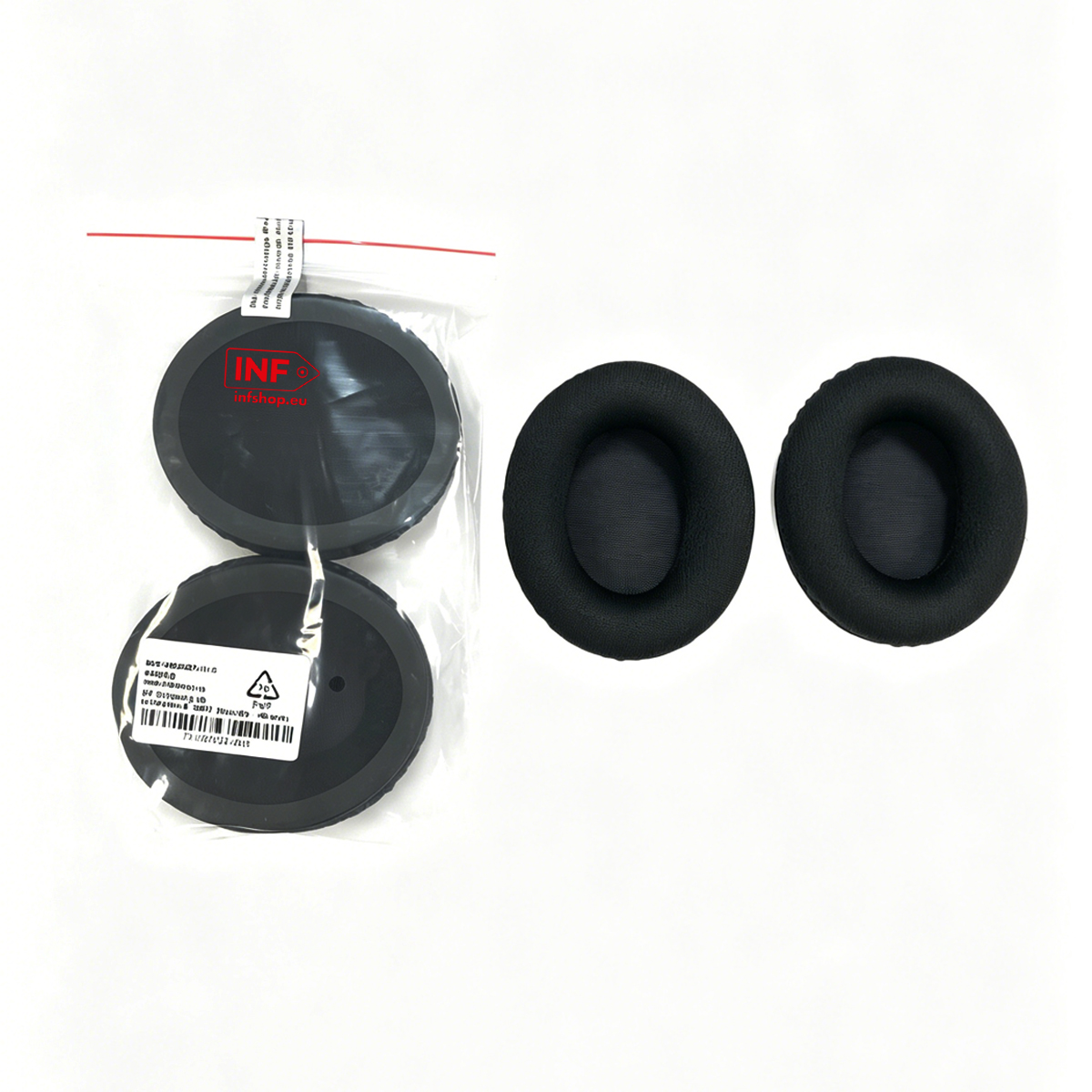 Due cuscinetti neri per cuffie in busta di plastica, due cuscinetti neri sciolti.