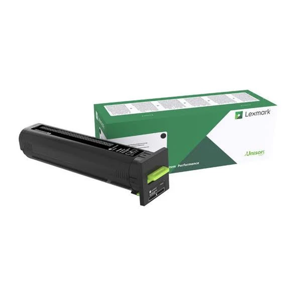 Una cartuccia stampante Lexmark nera e una scatola verde.