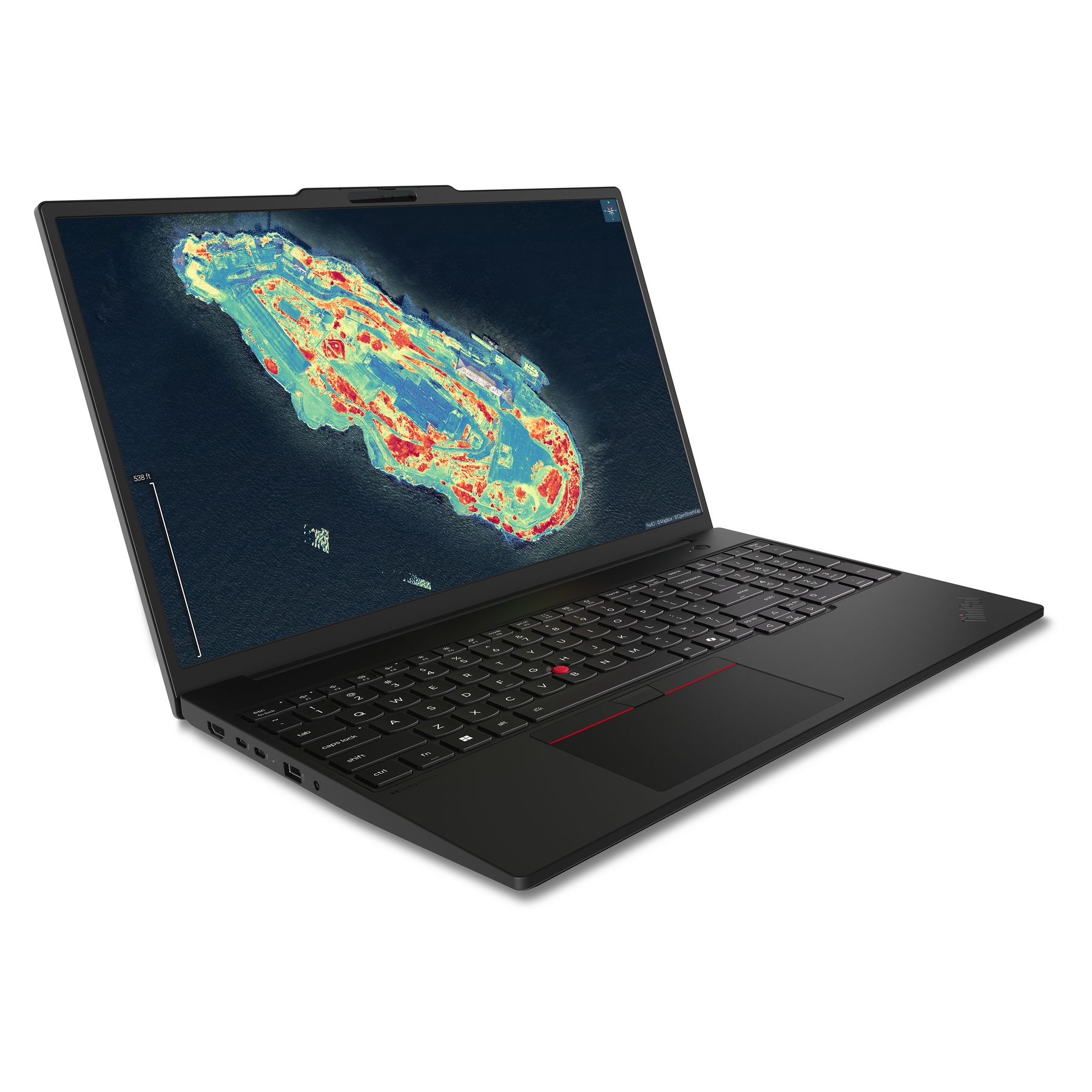 Laptop nero mostra una mappa termica di un'isola su acqua scura.
