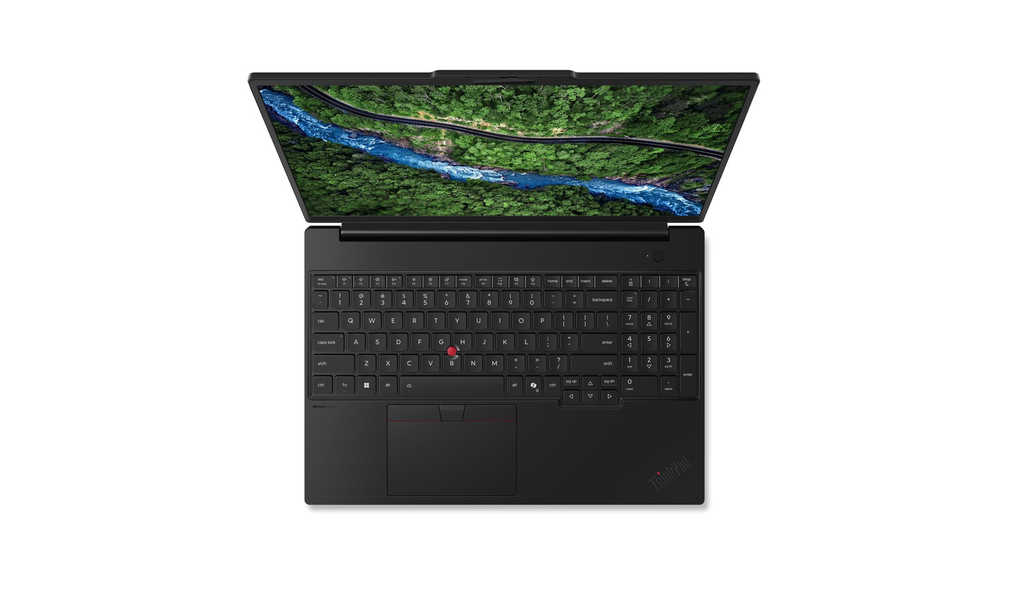 Laptop nero con schermo aperto che mostra un paesaggio fluviale.