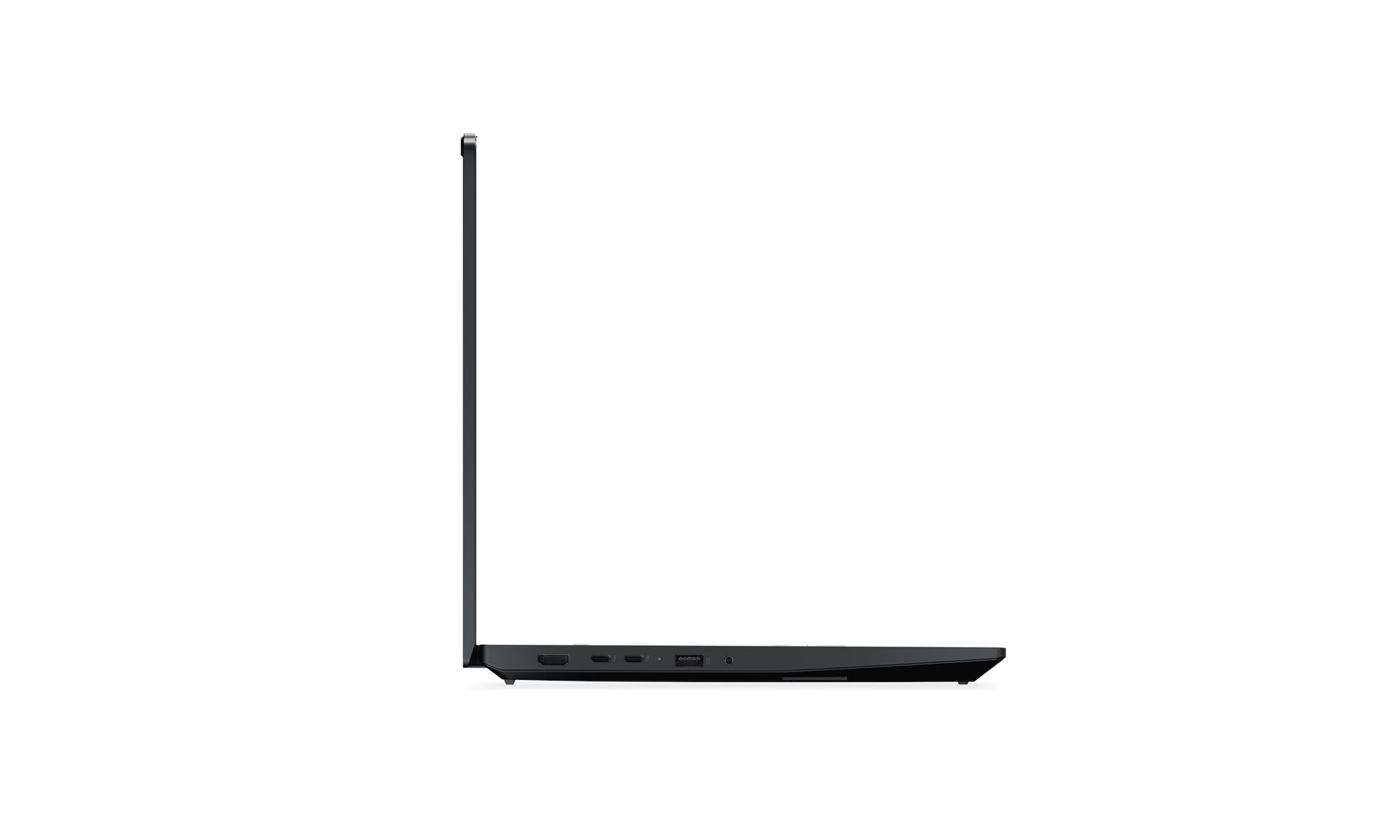 Laptop nero di profilo su sfondo bianco. Le porte sono visibili.