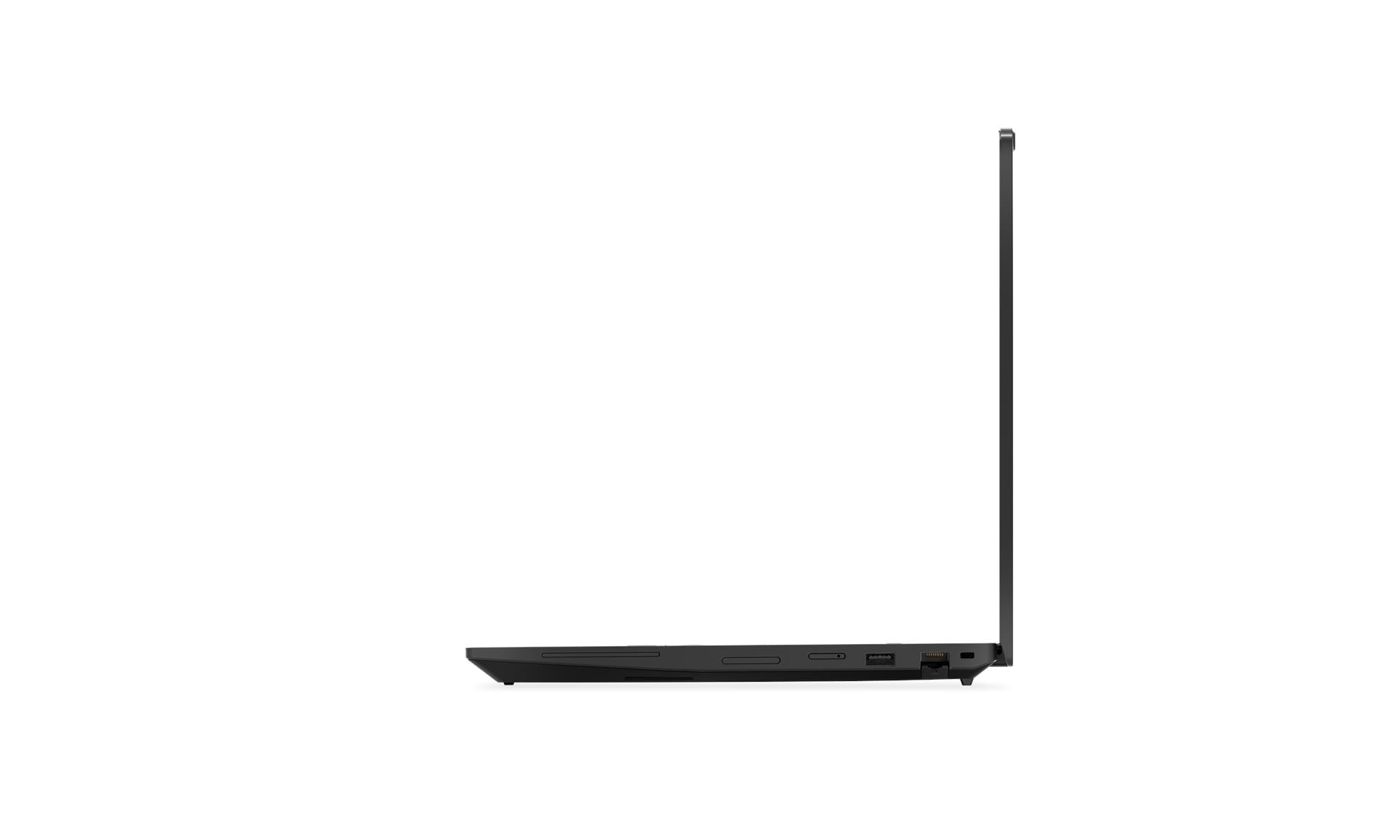 Laptop nero di profilo, aperto, che mostra le porte sul lato.