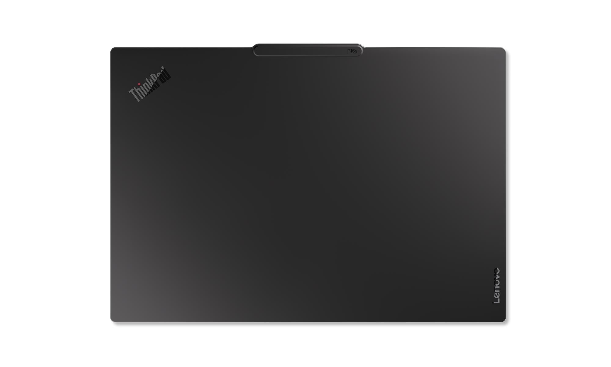 Vista dall'alto di un laptop nero chiuso, con i loghi 'ThinkPad' e 'Lenovo' e la scritta 'P16s' su una piccola linguetta.