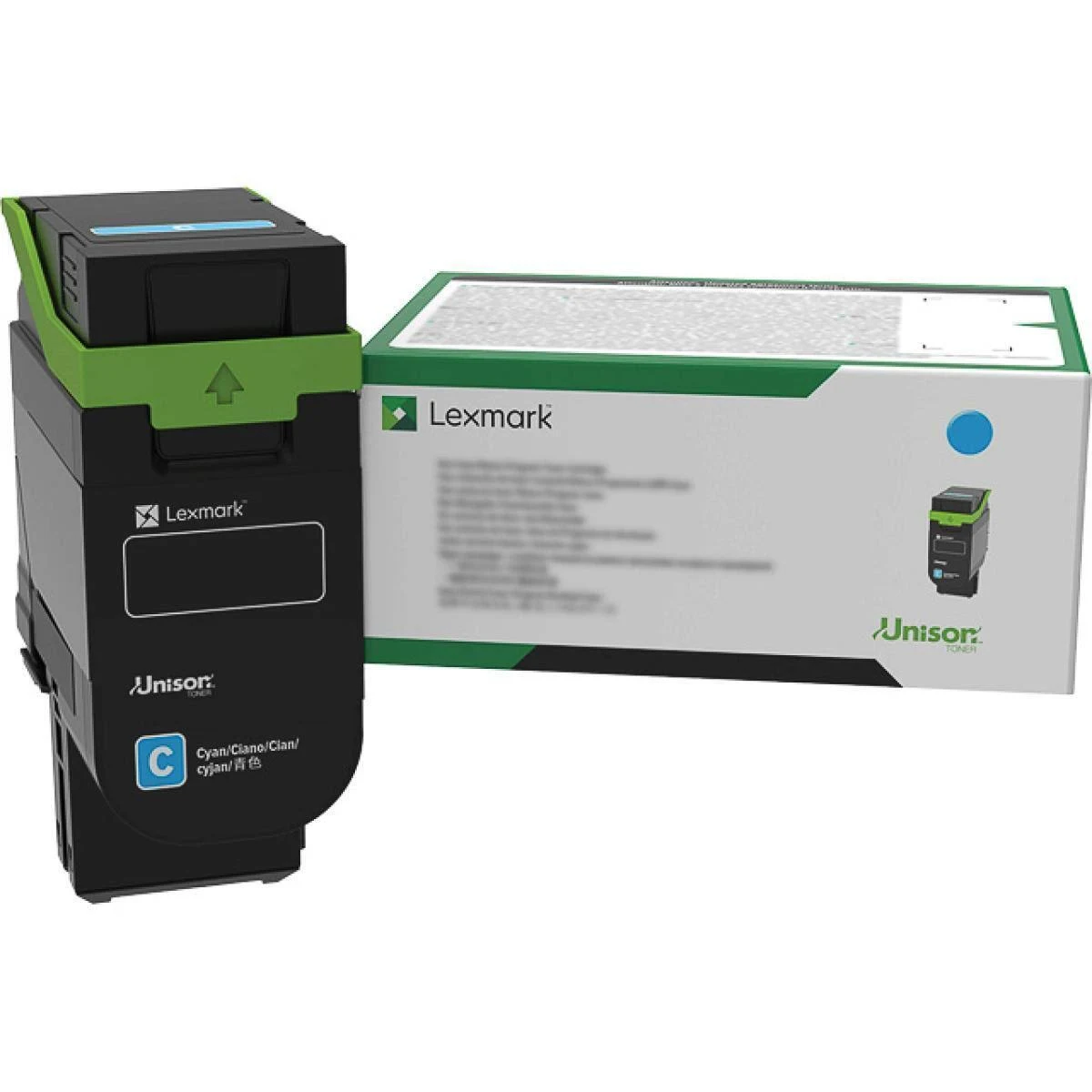 Toner Lexmark cyjan i jego opakowanie. Toner jest czarny i zielony, pudełko jest białe i zielone.