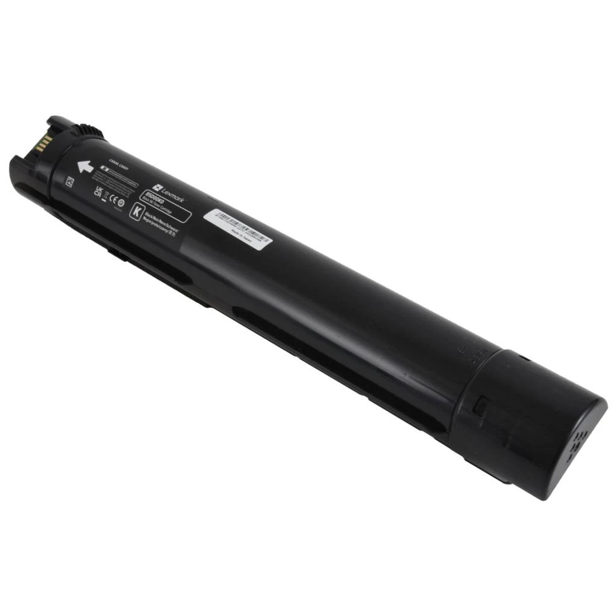 Una cartuccia toner per stampante laser nera su sfondo bianco.
