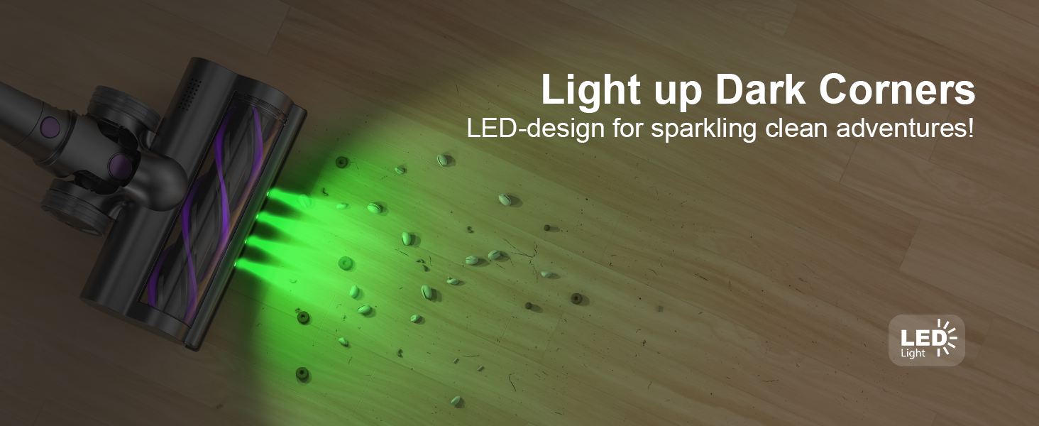 Spazzola aspirapolvere con LED verdi illumina detriti su pavimento in legno.