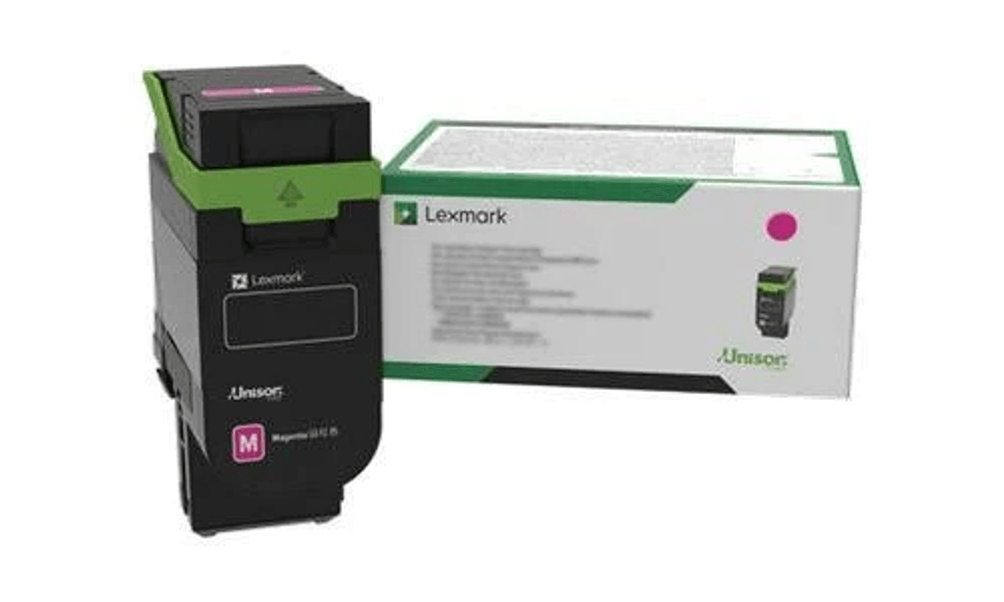 Een magenta Lexmark toner cartridge en doos.