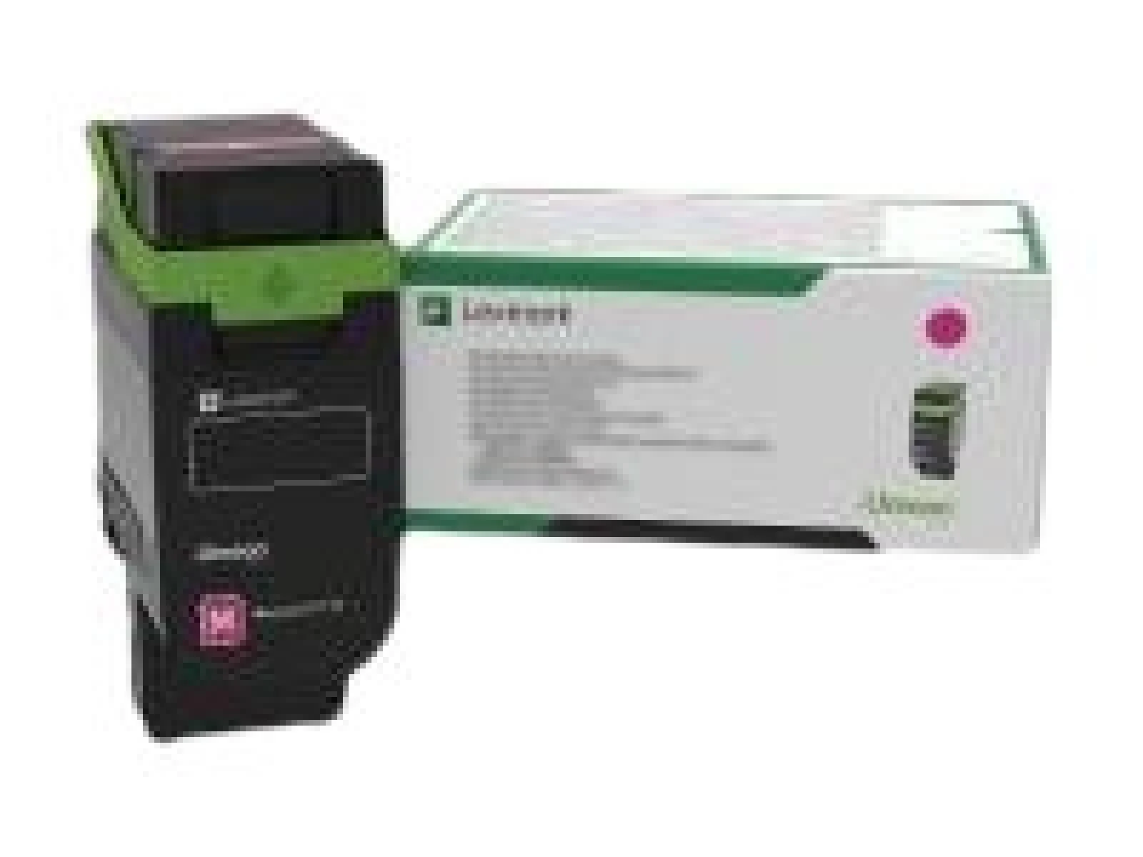 Een magenta printerinkt cartridge naast een witte doos met groene accenten.