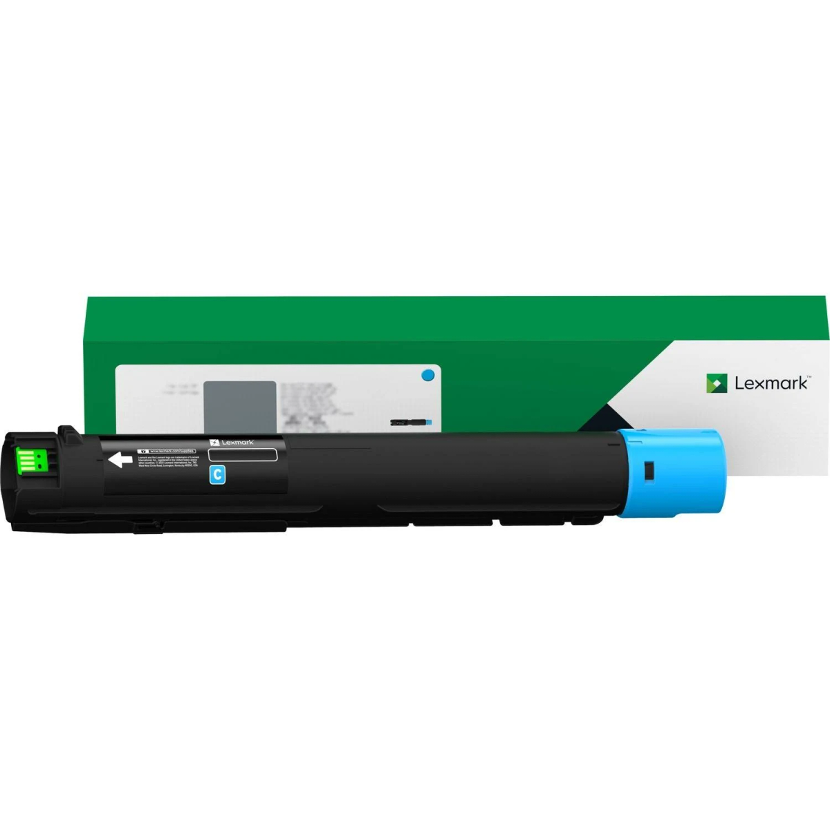 Czarny toner Lexmark z niebieską końcówką, obok zielono-białego pudełka.