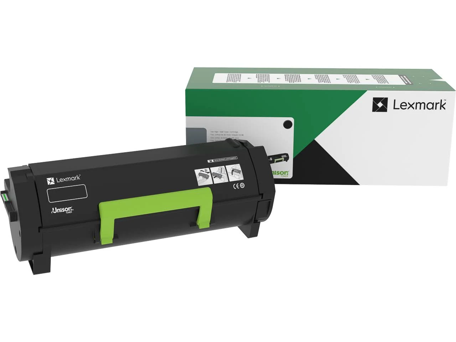 Czarny toner Lexmark z zielonym uchwytem obok zielono-białego pudełka.
