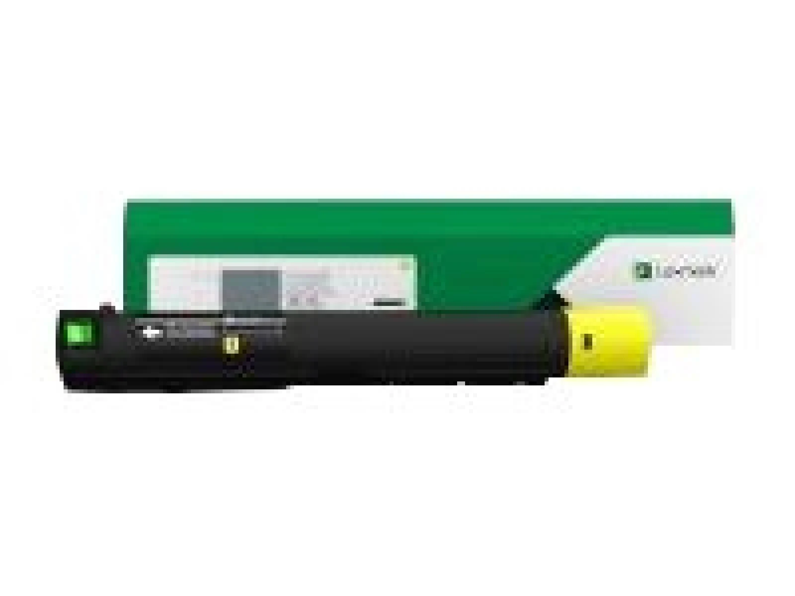 Cartuccia toner nera con estremità gialla e confezione verde.