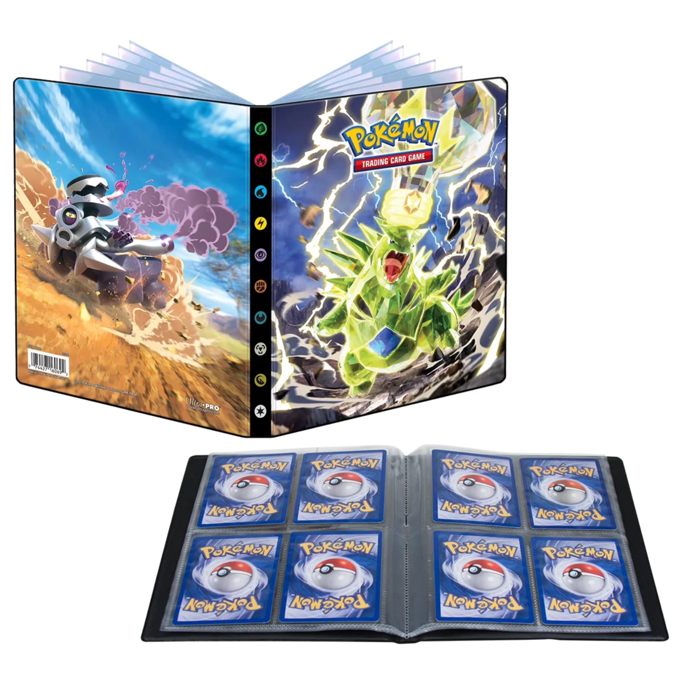 Ein Pokémon-Sammelalbum mit zwei Seiten, eine mit Pokémon-Motiven und eine mit Karten.