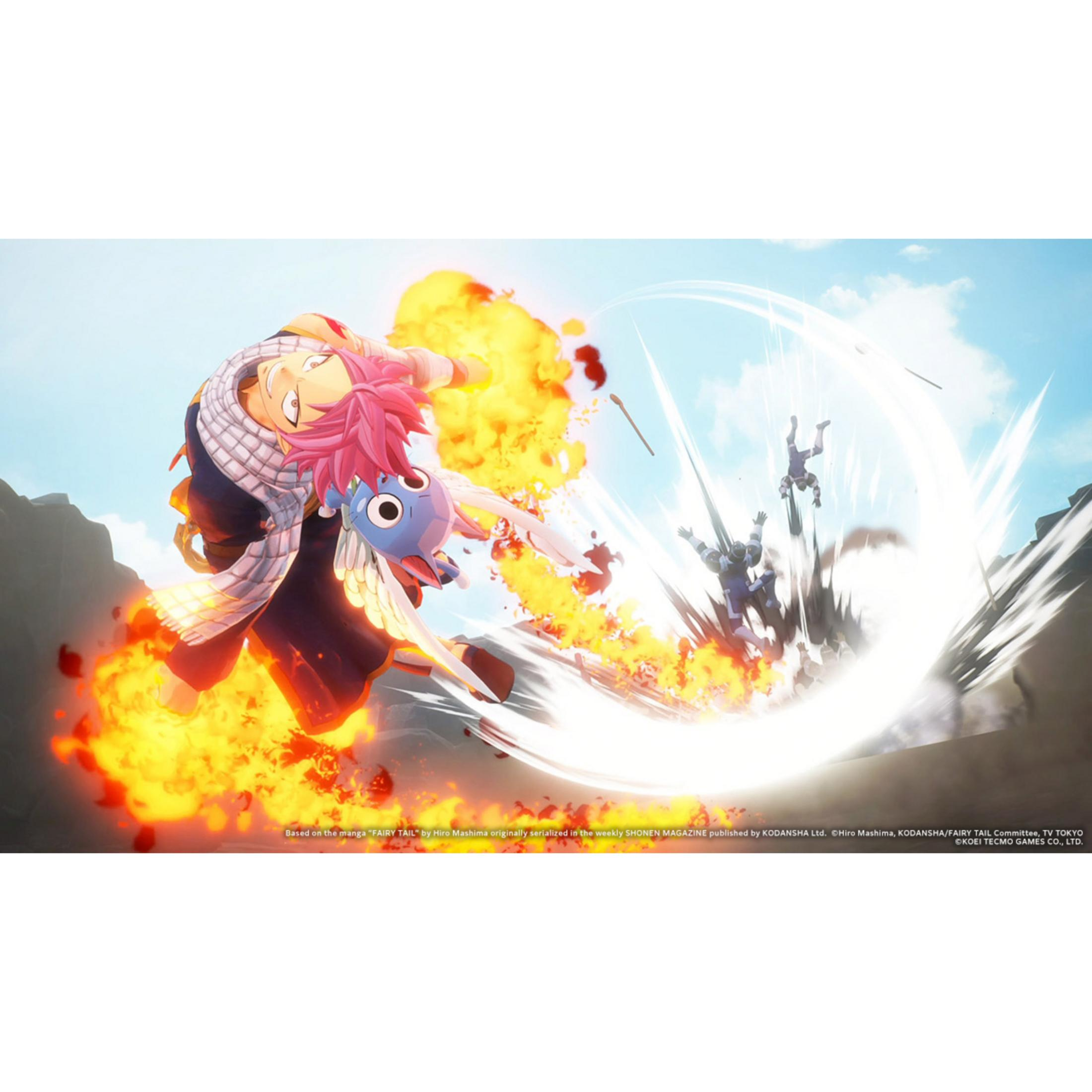 Natsu e Happy combattono nemici in aria con il fuoco.