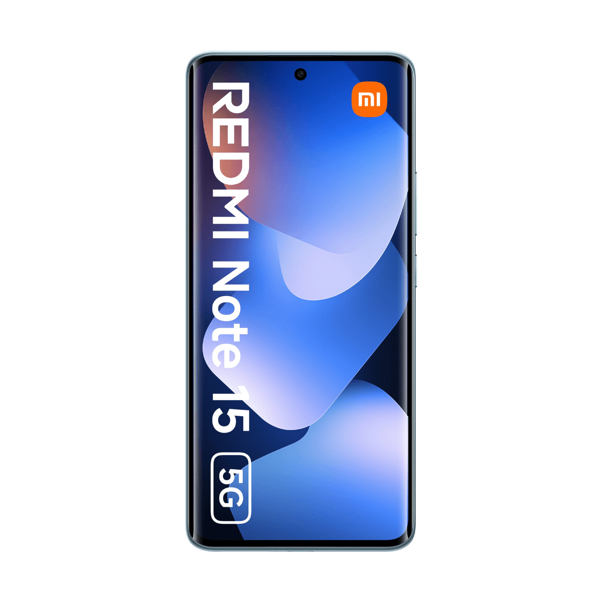 Uno smartphone azzurro con testo REDMI Note 15 5G e logo Mi.