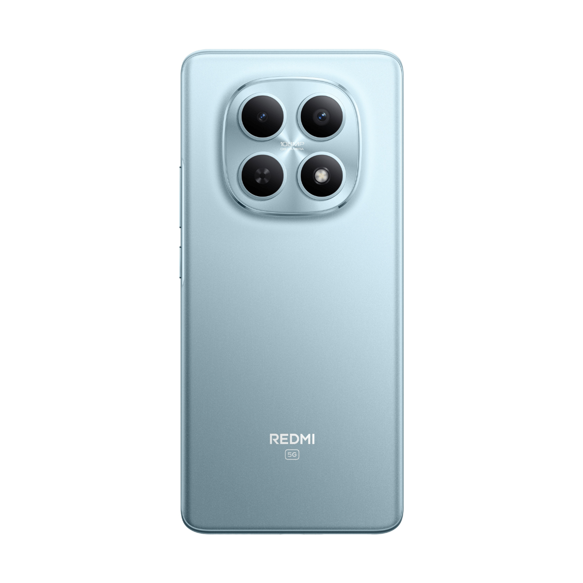Retro di uno smartphone azzurro con configurazione quad-camera e marchio REDMI 5G.