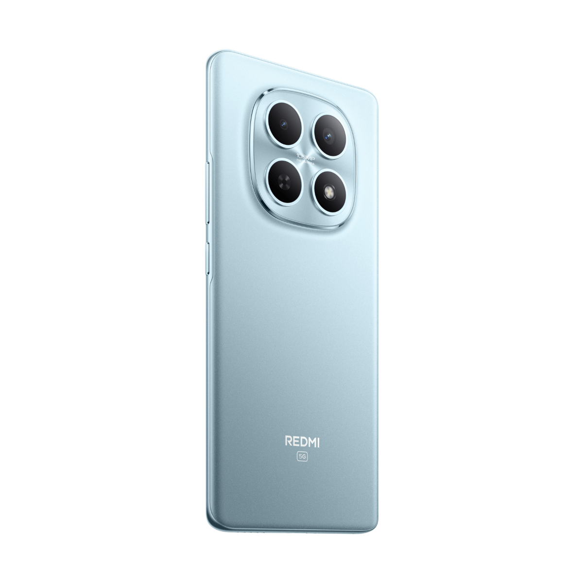 Uno smartphone azzurro con quattro fotocamere posteriori e logo Redmi.