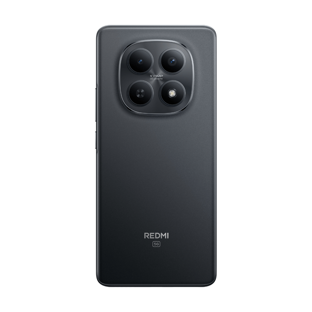 Retro di uno smartphone scuro con quattro fotocamere e scritte rosse.
