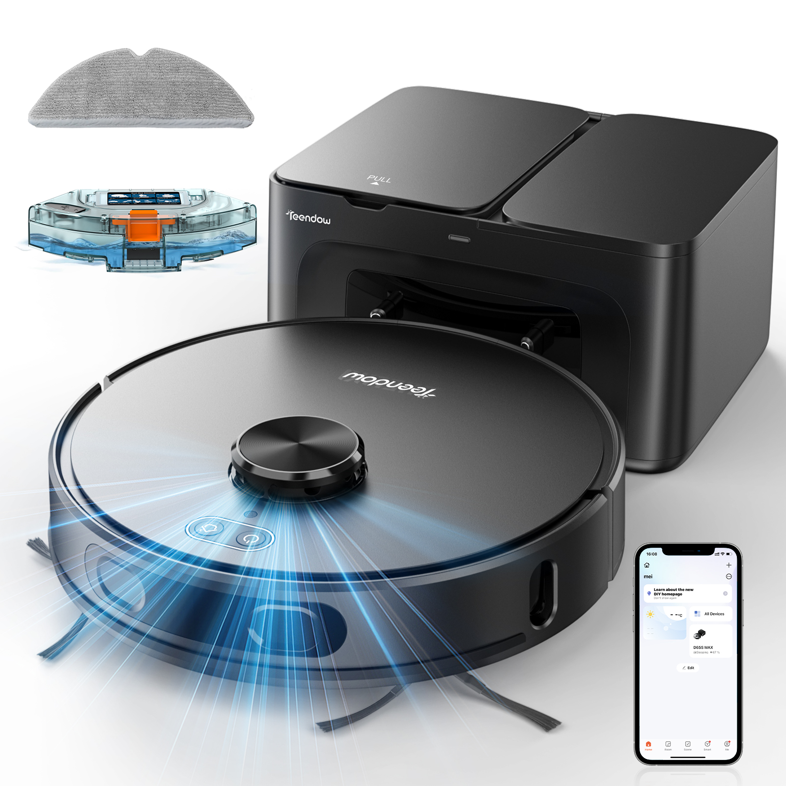 Un robot aspirapolvere nero con stazione di ricarica, serbatoio dell'acqua e panno.