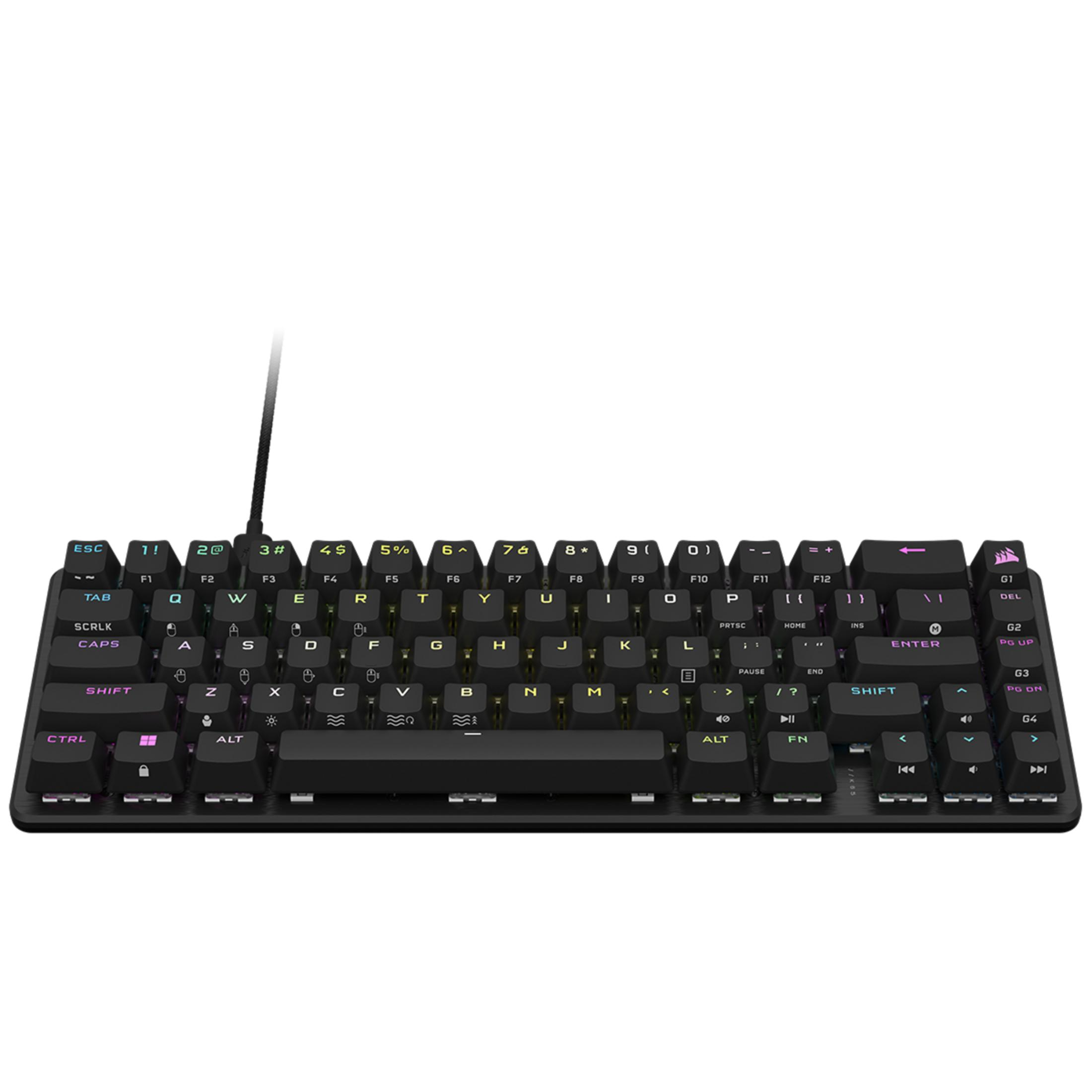 A black mechanical keyboard with RGB lighting and a braided cable.