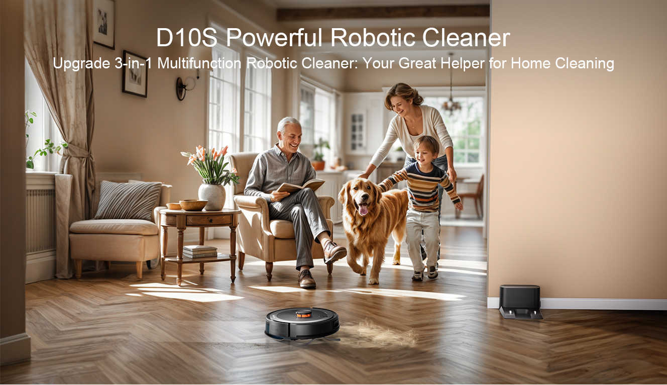 Un robot aspirapolvere pulisce un pavimento in legno mentre una famiglia con cane si rilassa.