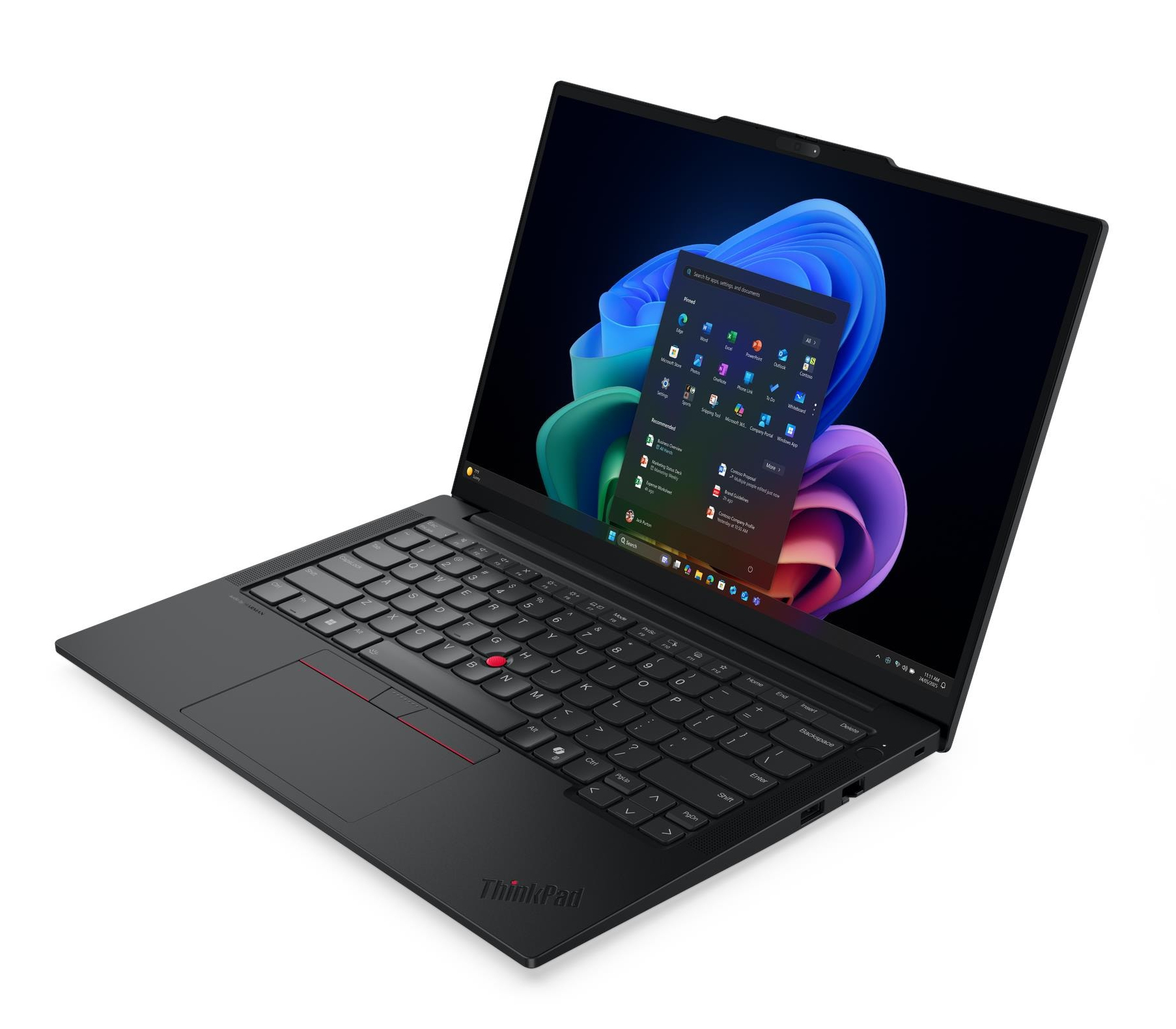 Un laptop nero con lo schermo aperto, che mostra il menu Start di Windows.