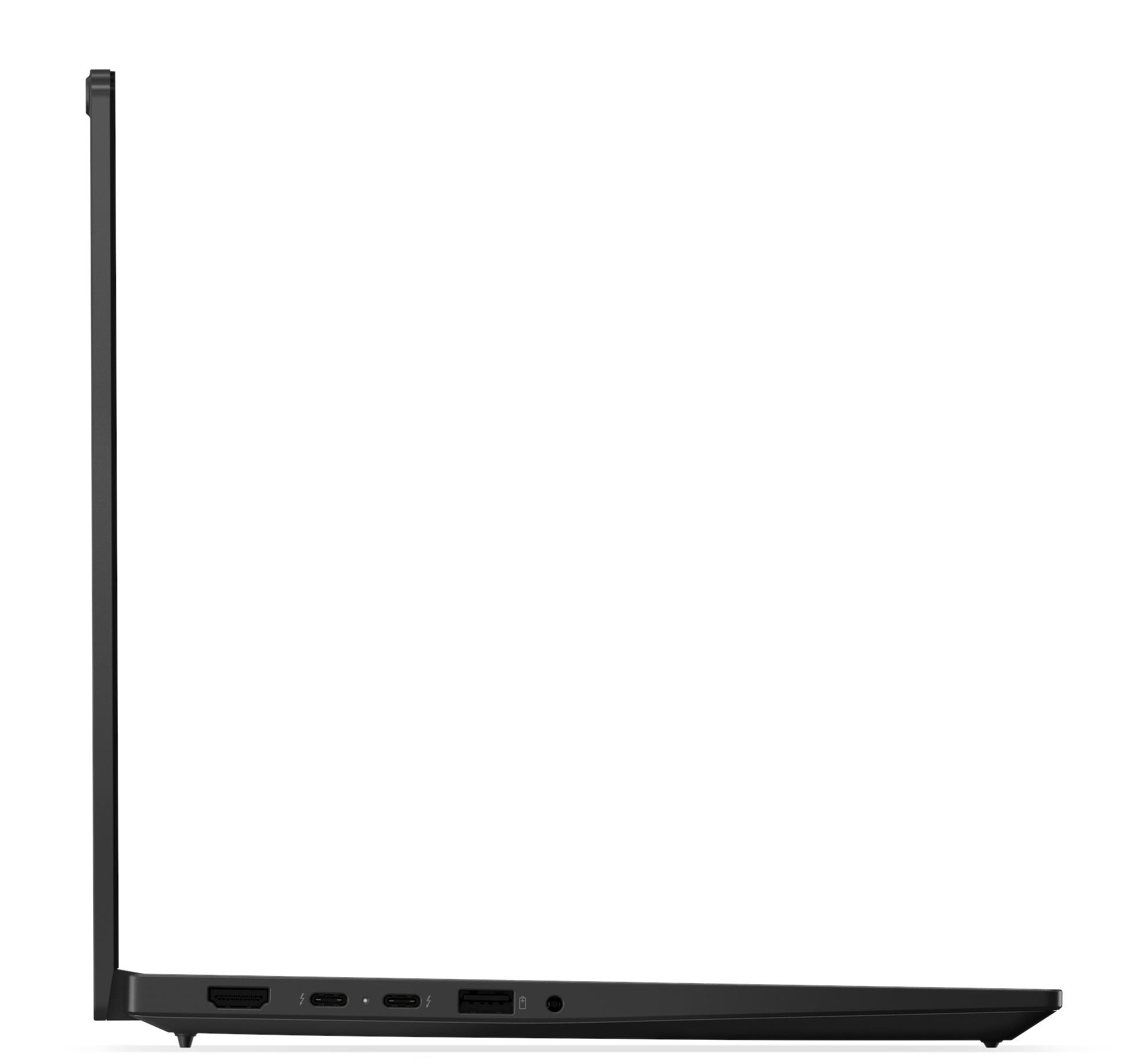 Laptop nero vista laterale: HDMI, 2x USB-C/Thunderbolt, USB-A, jack cuffie.