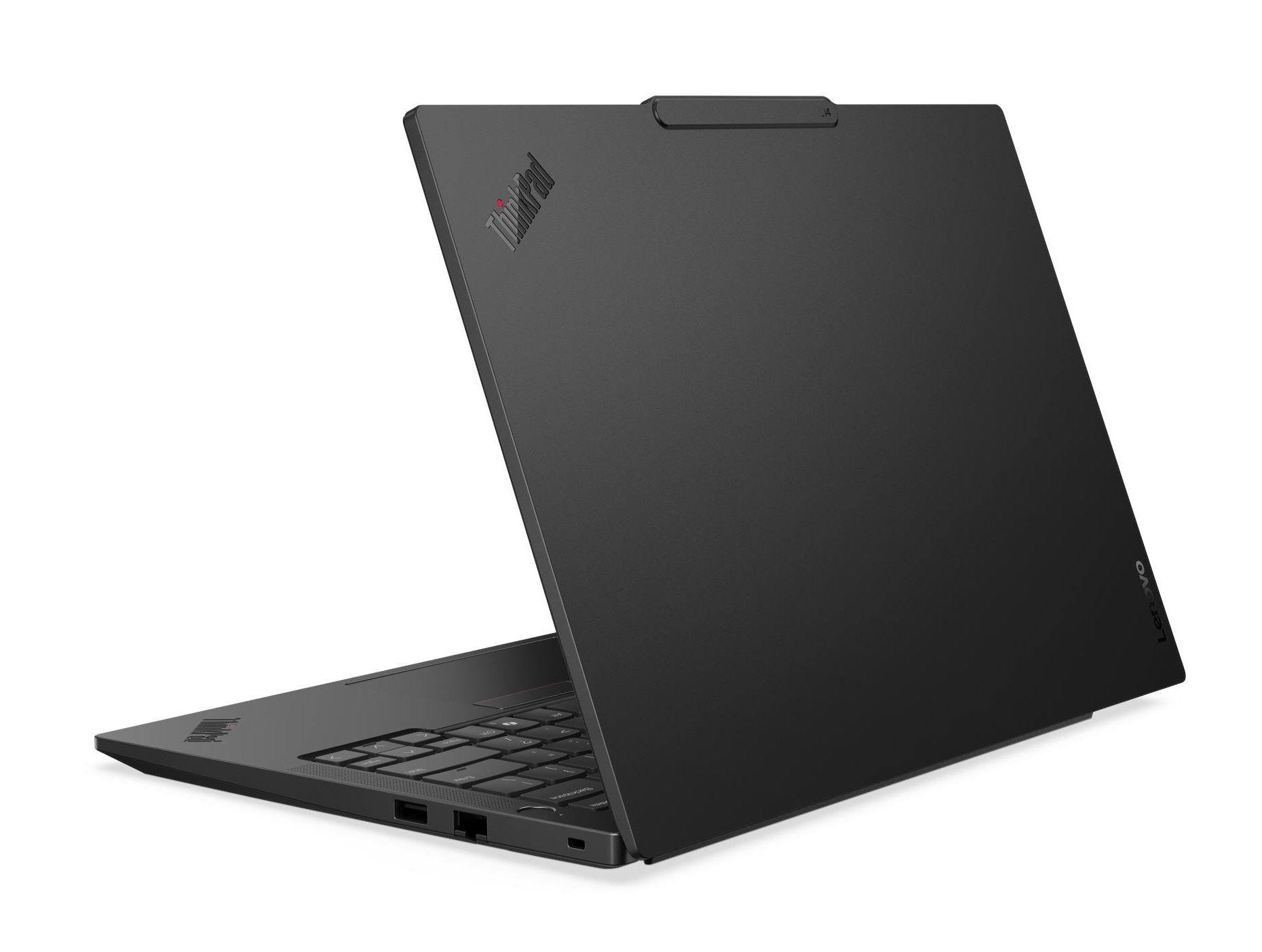 Laptop nero Lenovo ThinkPad con coperchio aperto, su sfondo bianco.