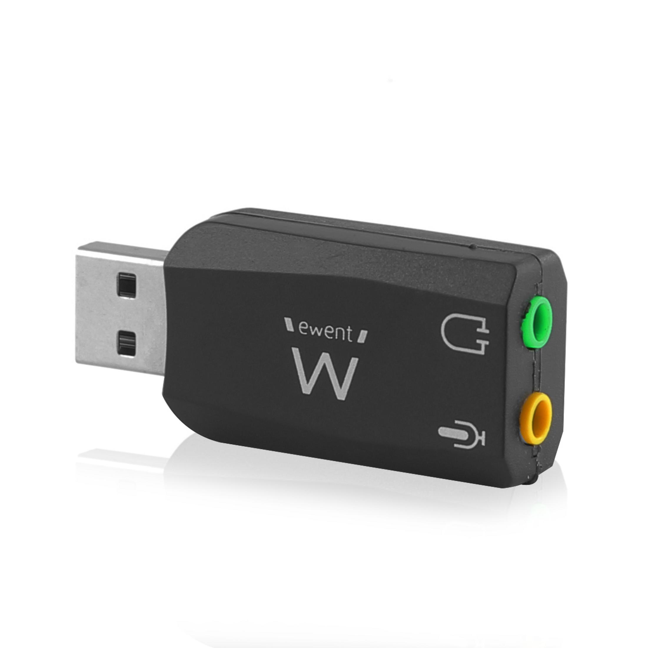 Black USB audio adapter with green and orange ports.