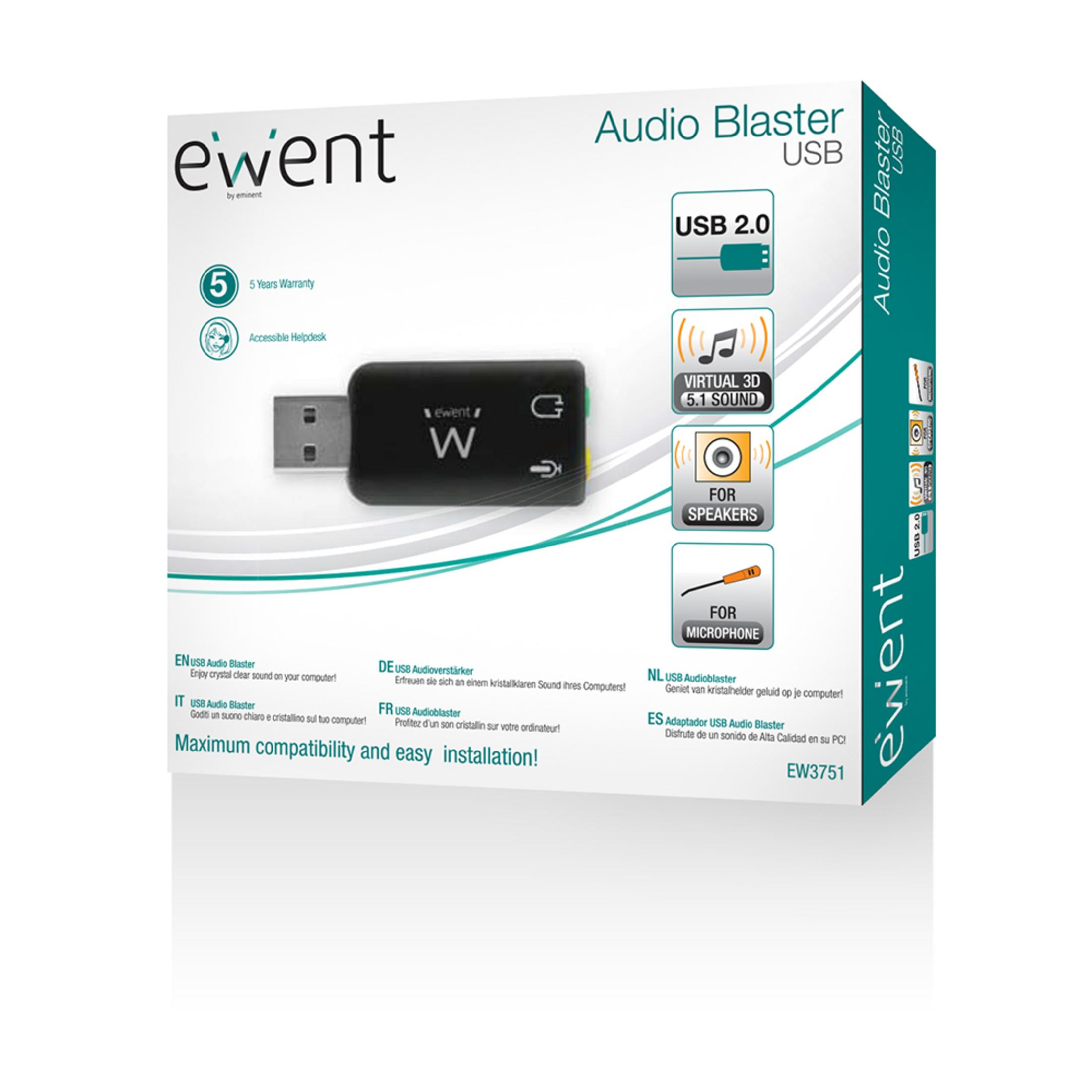 Ewent USB Audio Blaster features 5-year warranty and microphone input.