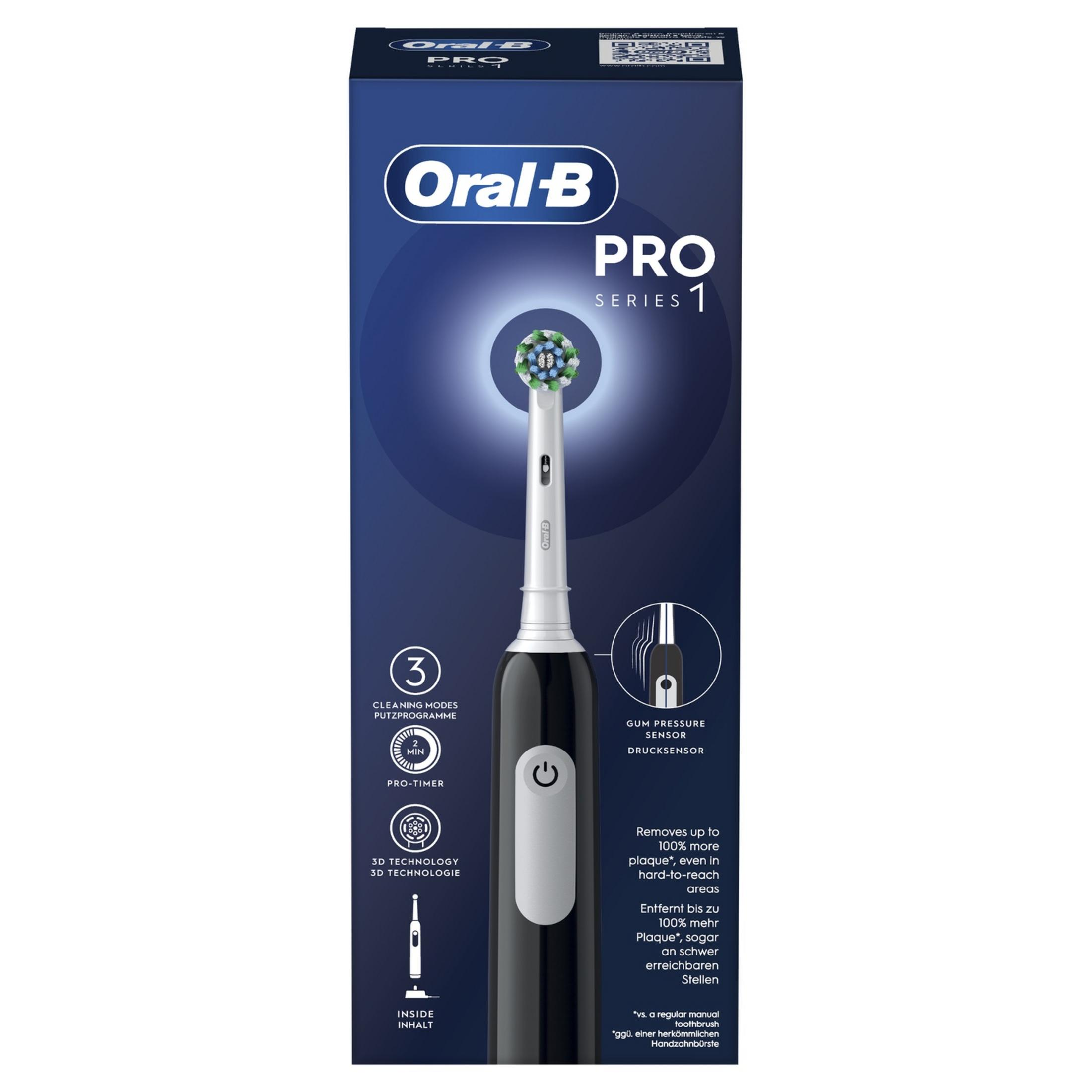 Schwarze elektrische Zahnbürste von Oral-B mit runder Bürste und blaugrünen Borsten.