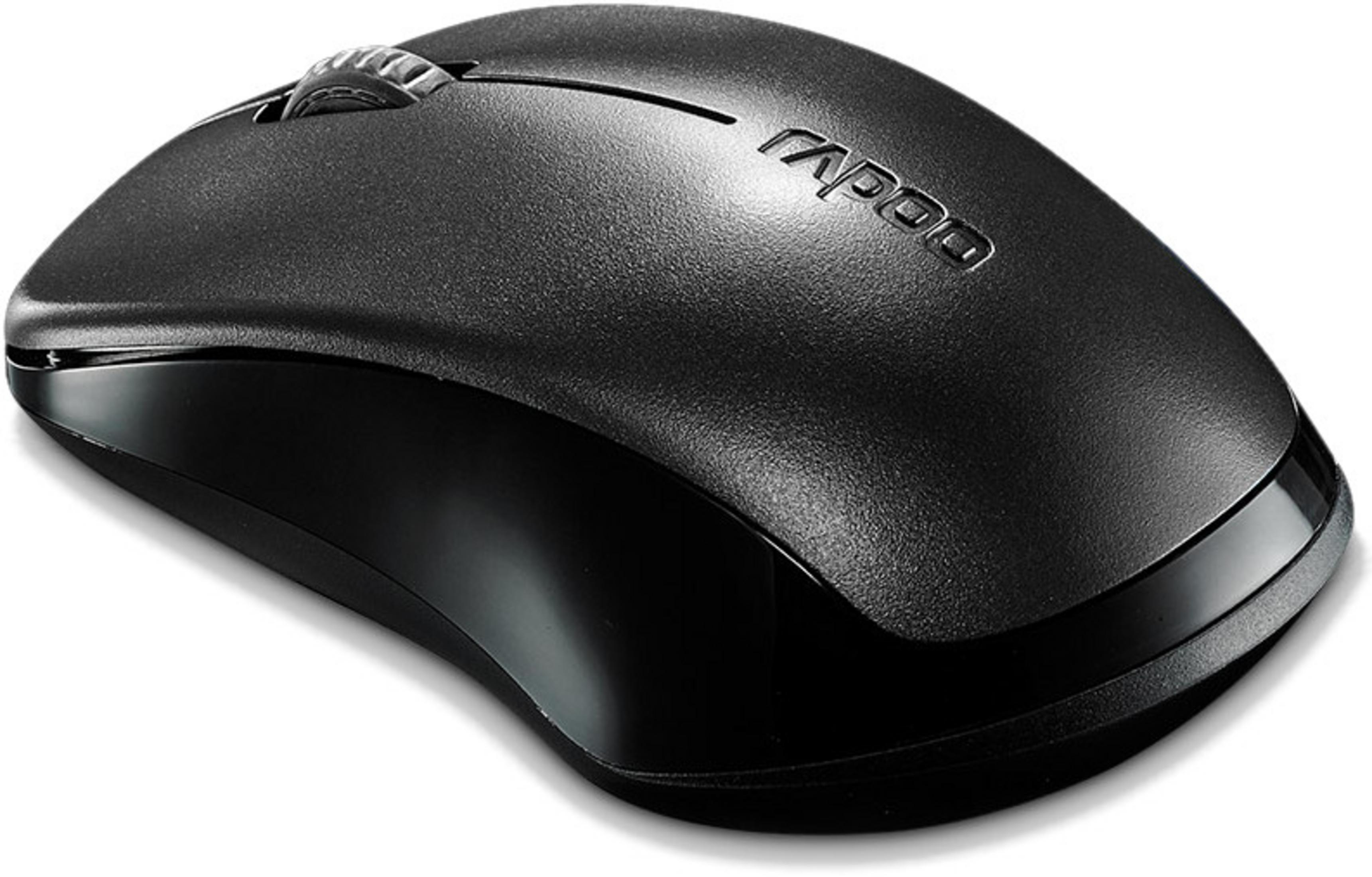 Black wireless computer mouse with a scroll wheel and logo.
