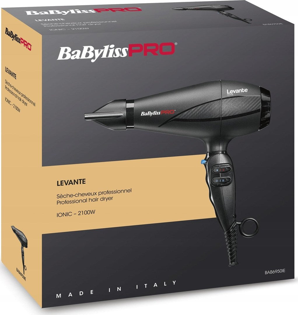 Czarna suszarka do włosów BaByliss PRO Levate z kontrolkami na uchwycie.