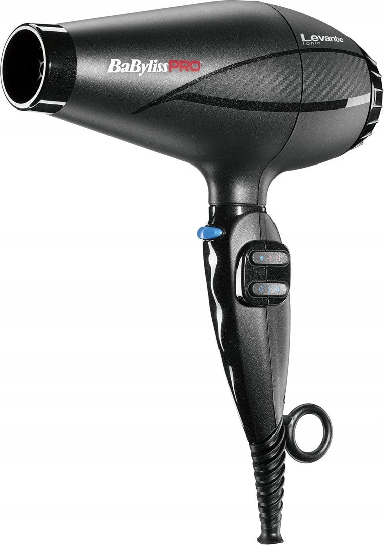 Czarna suszarka do włosów Babyliss Pro Levante Ionic z akcentami z włókna węglowego.