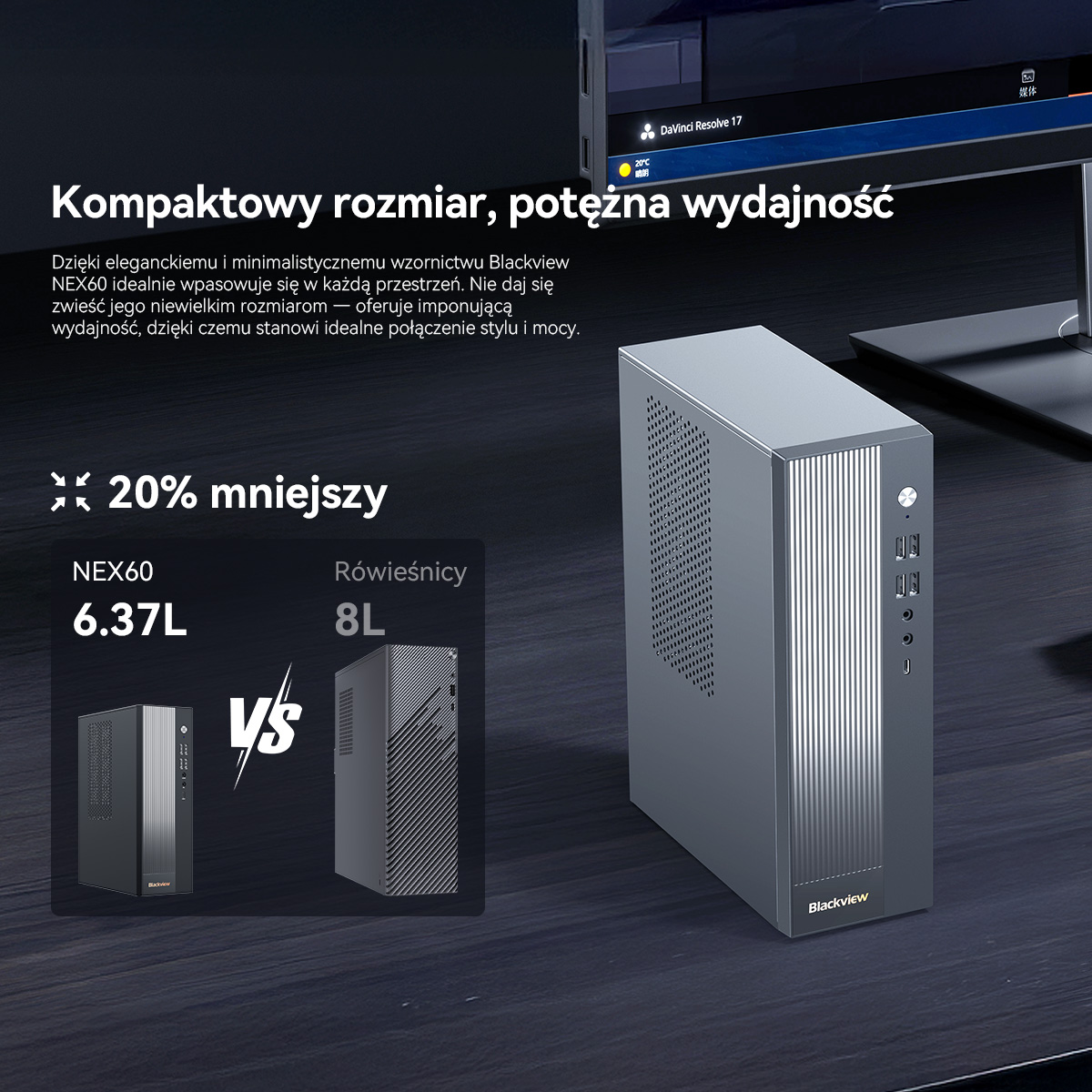 Szara obudowa komputera obok monitora, pokazująca NEX60 6.37L vs 8L.