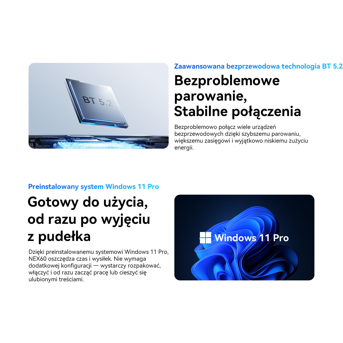 Układ BT 5.2 i logo Windows 11 Pro na ciemnym tle.