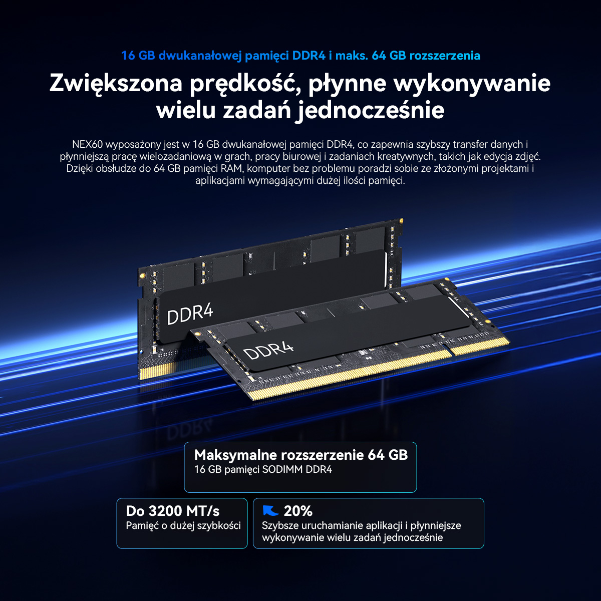 Dwa czarne moduły RAM DDR4 ze złotymi stykami na niebieskim tle.