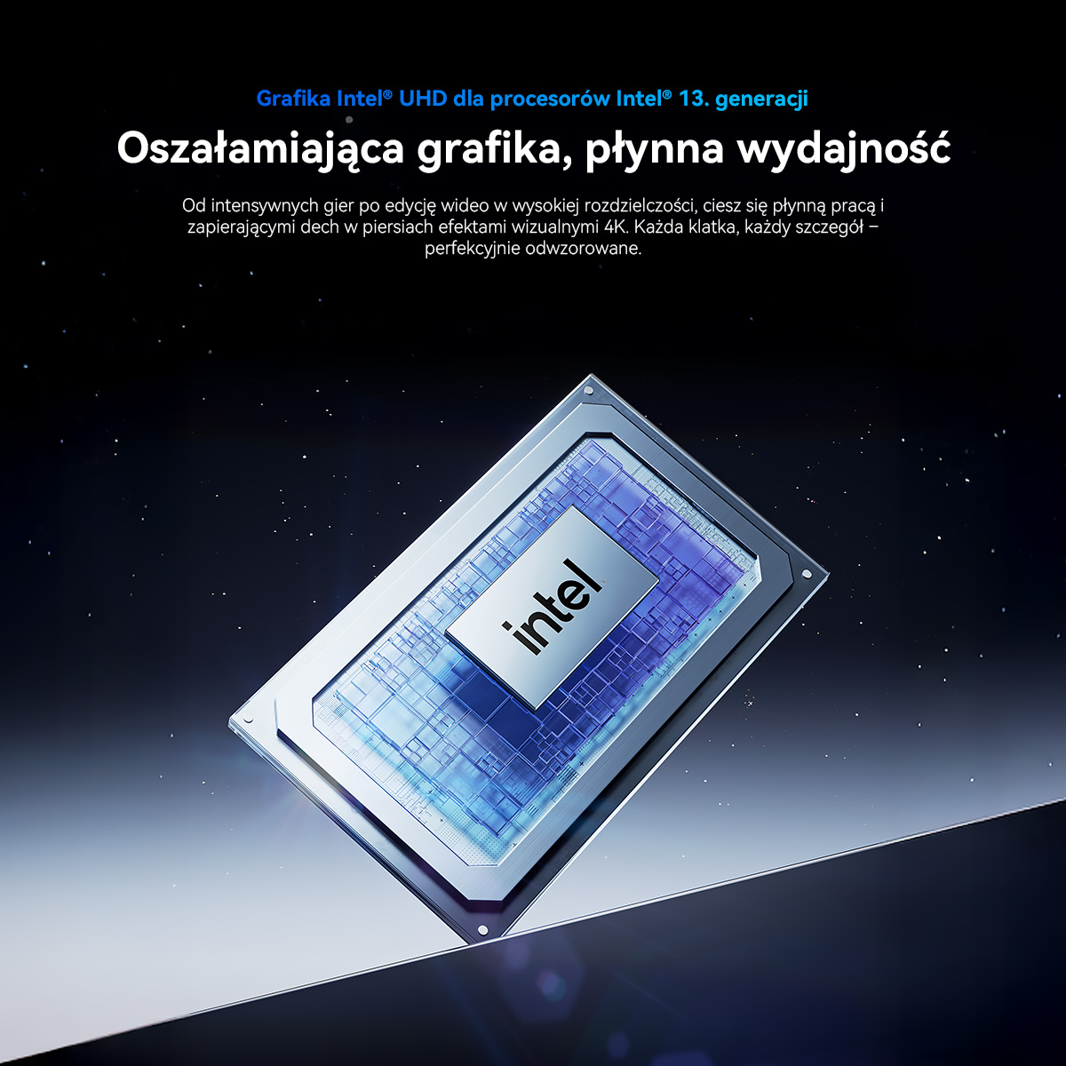 Układ graficzny Intel UHD, 13. generacji, z logo Intel na ciemnym tle.