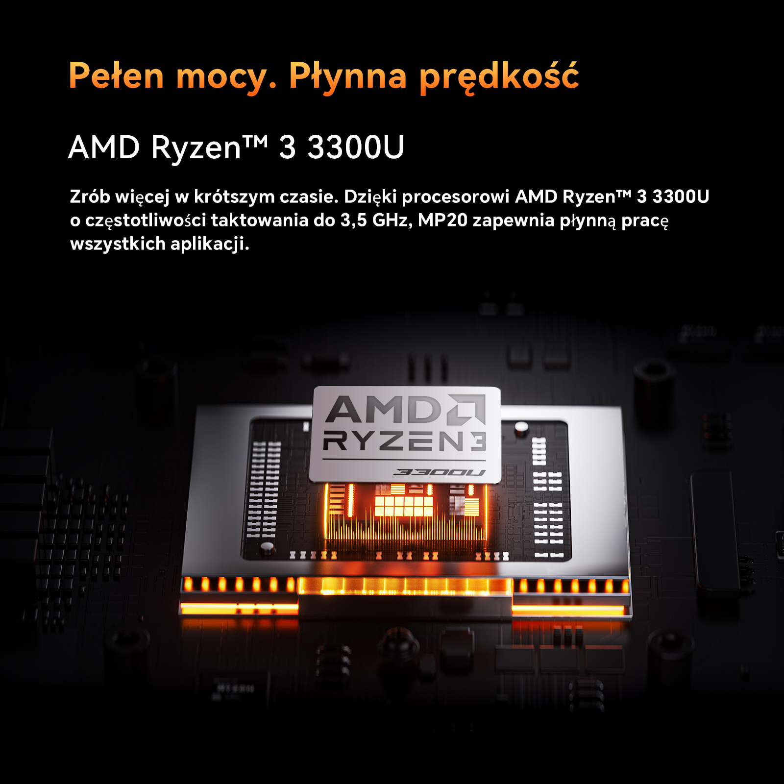 Świecący procesor AMD Ryzen 3 3300U na płycie obwodu drukowanego.
