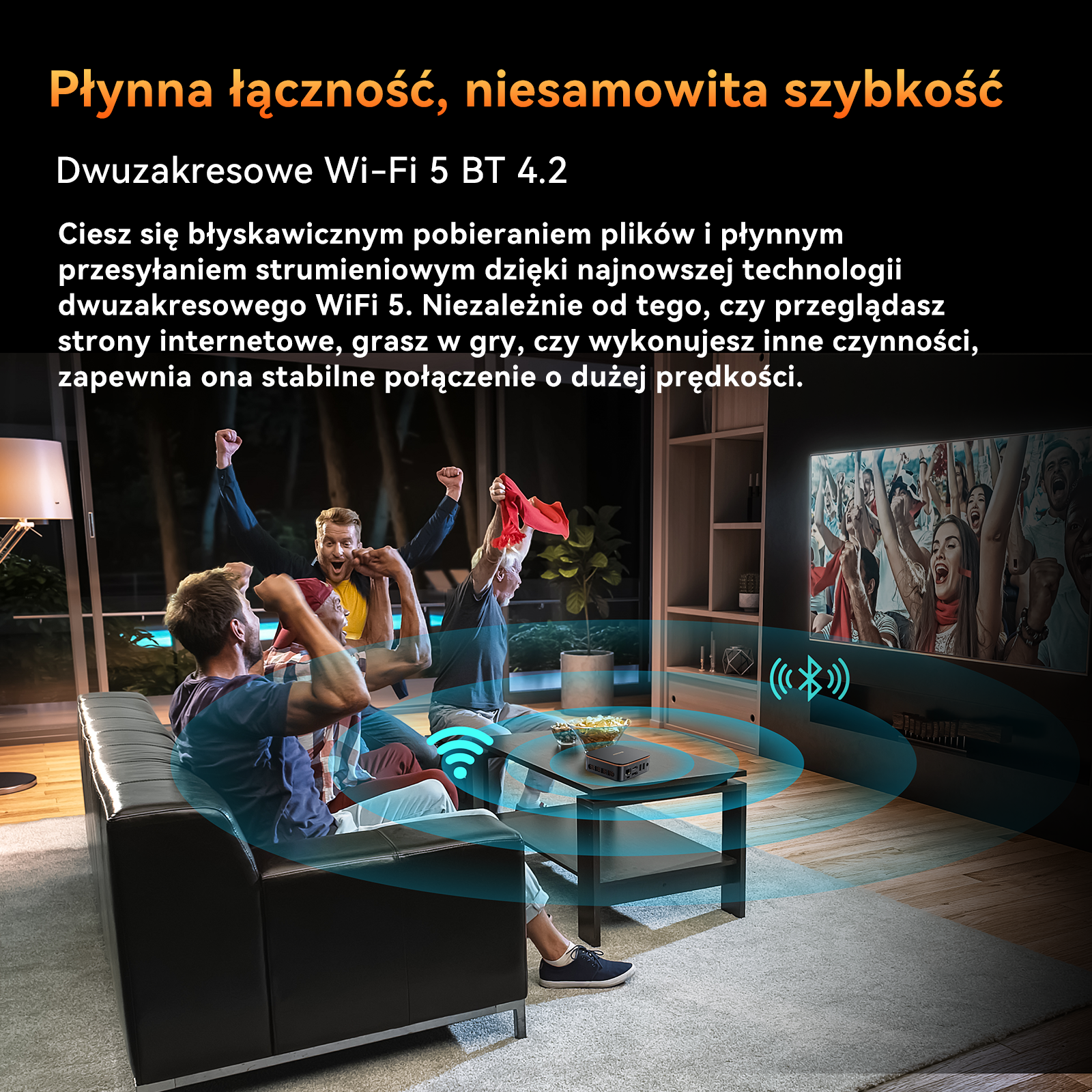 Ludzie ekscytują się oglądając TV, router na stole.