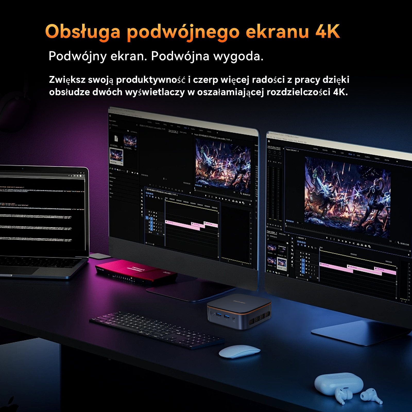 Biurko z laptopem, dwoma monitorami 4K, klawiaturą, myszką i mini PC.